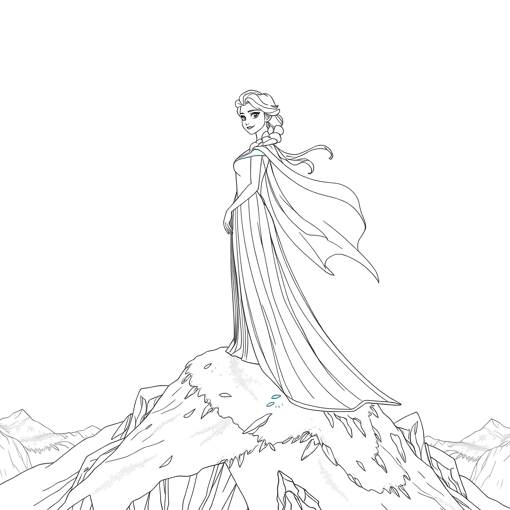 Elsa standing on a snowy mountain peak Coloring Page (free black-and-white line drawing printable PDF for all, from beginners to advanced learners, including children, teens, adults, and seniors)