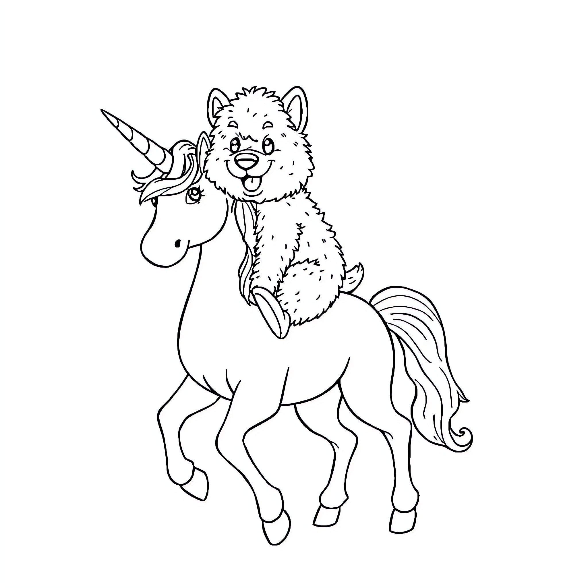 Dog riding a magical unicorn Coloring Page (free black-and-white line drawing printable PDF for all, from beginners to advanced learners, including children, teens, adults, and seniors)