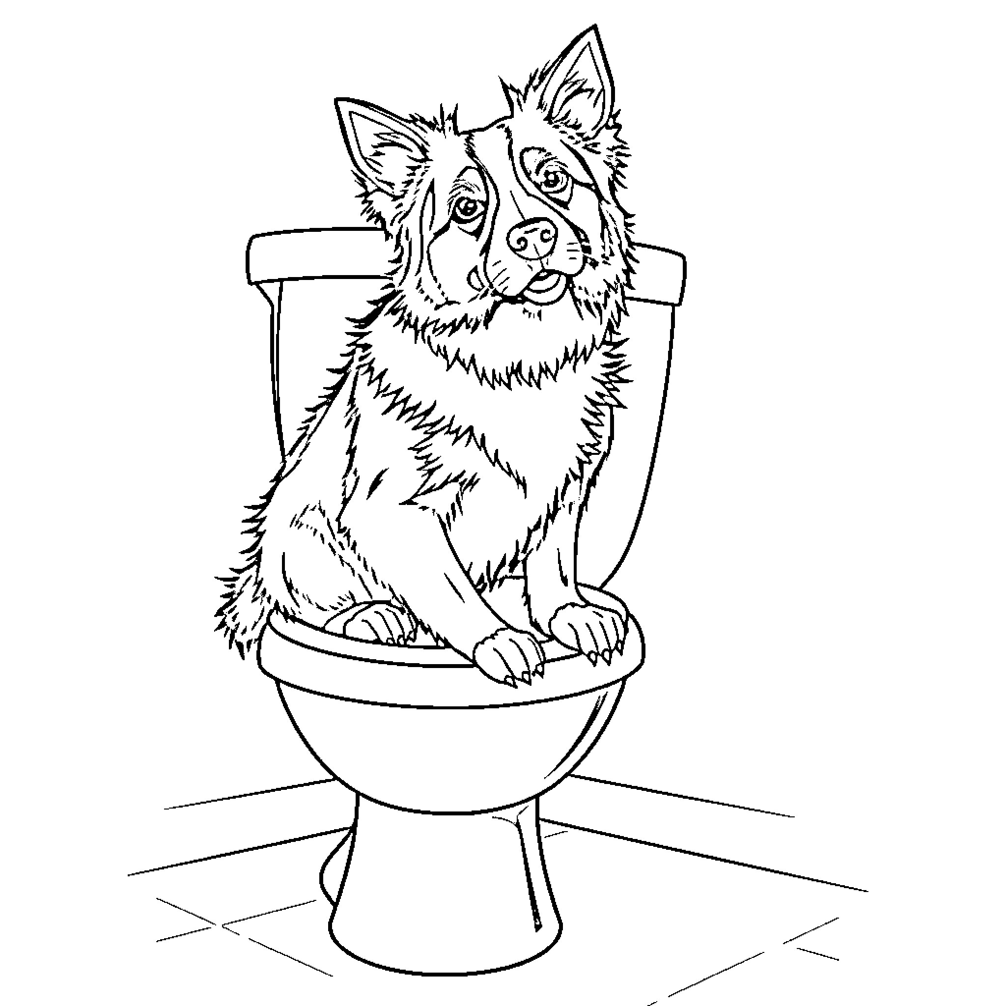 Border Collie Sitting on Toilet Coloring Page (free black-and-white line drawing printable PDF for all, from beginners to advanced learners, including children, teens, adults, and seniors)
