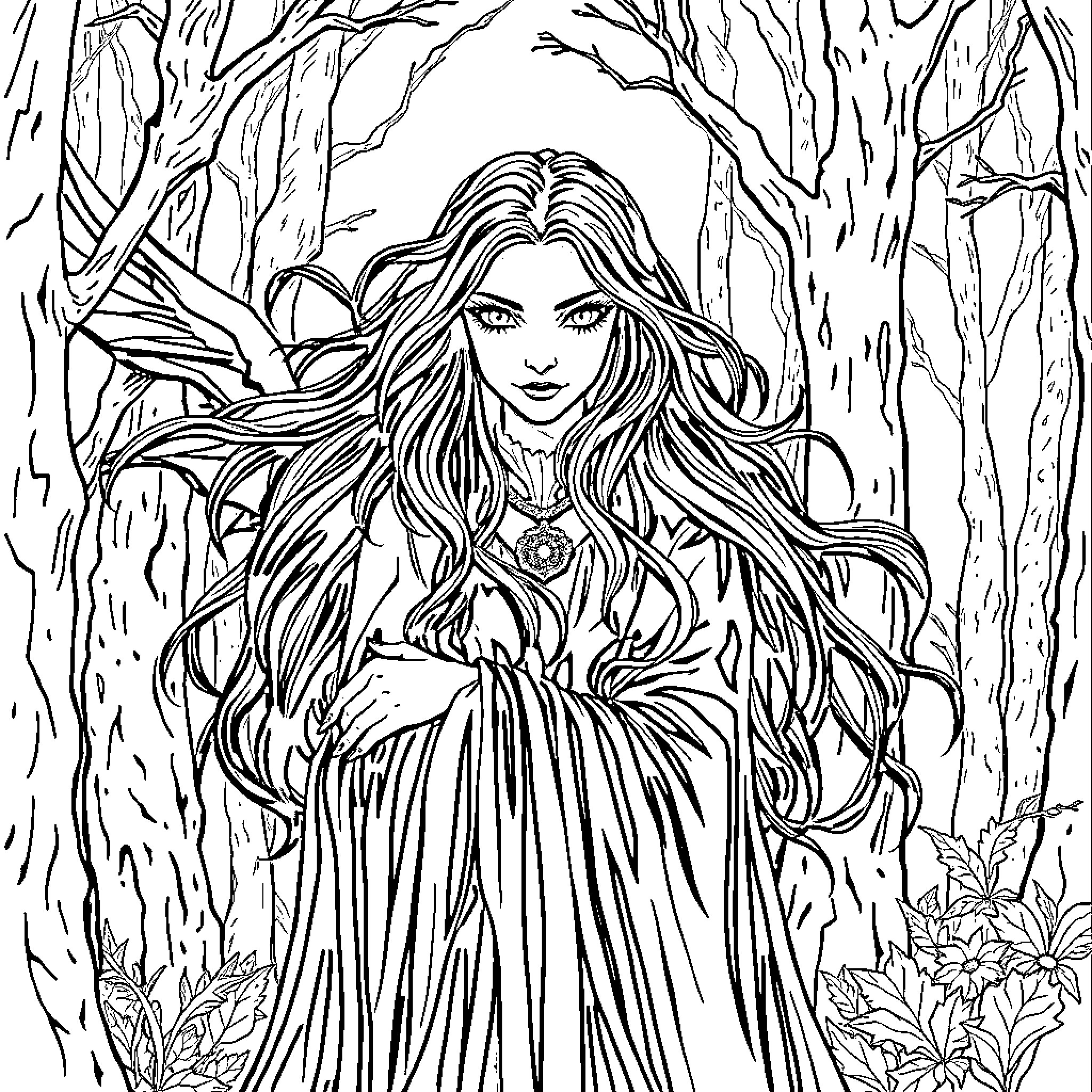 Morrighan, the Goddess of Faerie's Enchantment Coloring Page (free black-and-white line drawing printable PDF for all, from beginners to advanced learners, including children, teens, adults, and seniors)