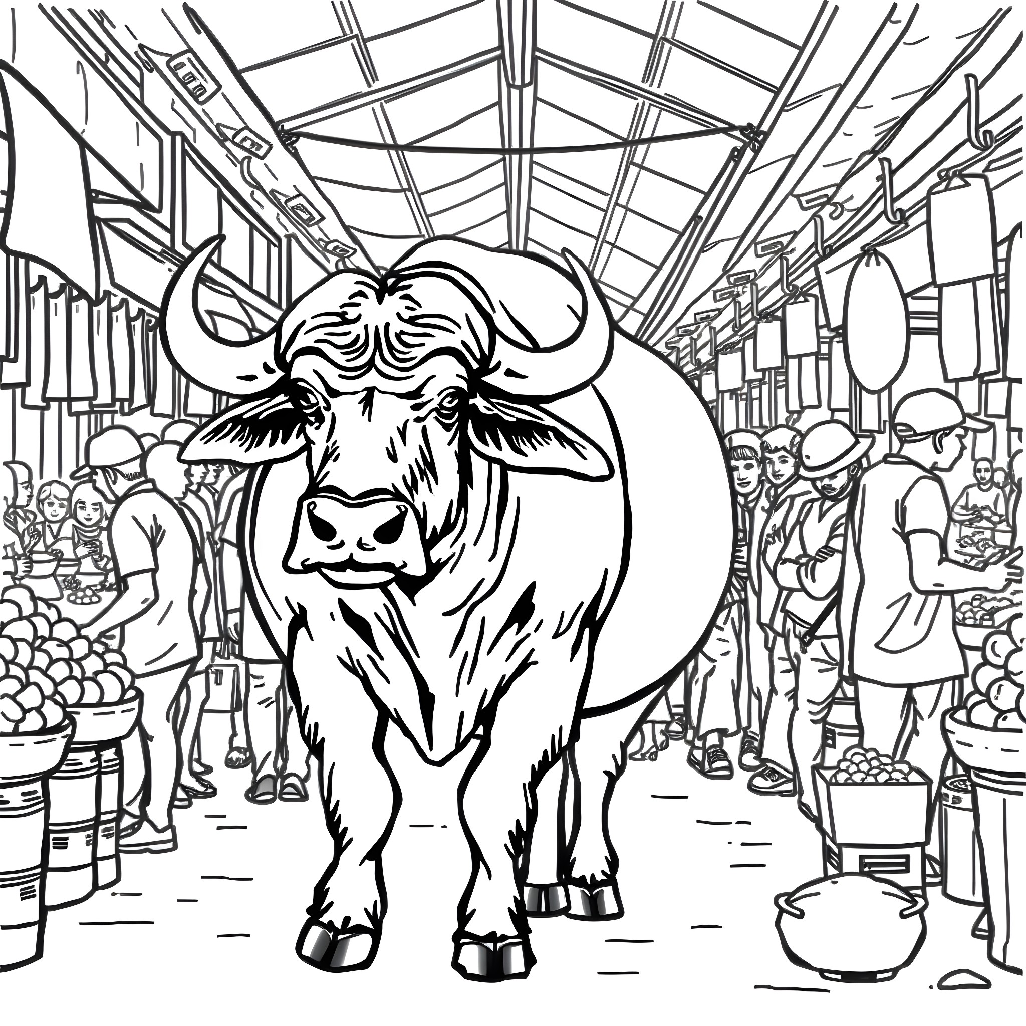 Buffalo standing boldly in a bustling marketplace Coloring Page (free black-and-white line drawing printable PDF for all, from beginners to advanced learners, including children, teens, adults, and seniors)