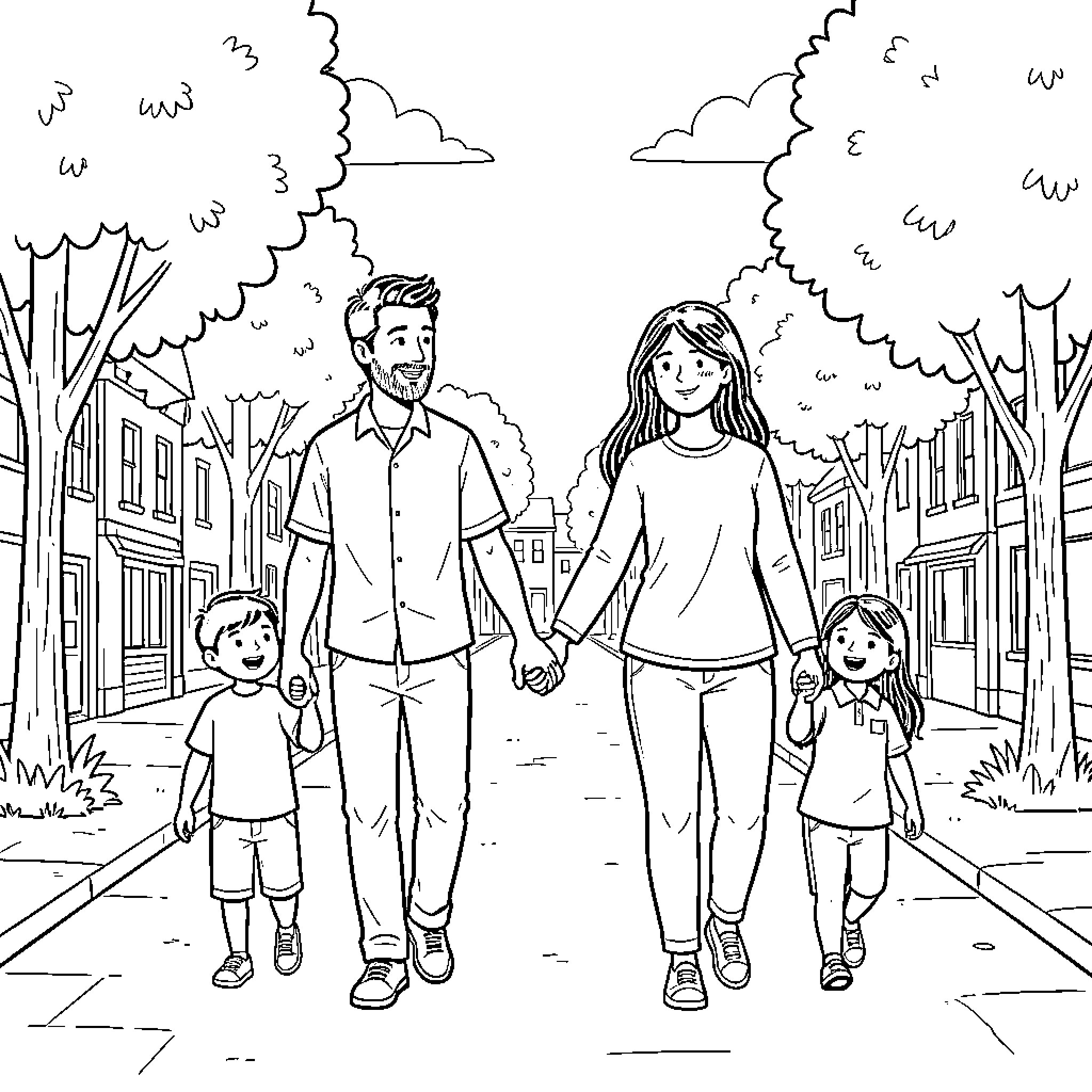 Parent and children walking down the street Coloring Page (free black-and-white line drawing printable PDF for all, from beginners to advanced learners, including children, teens, adults, and seniors)