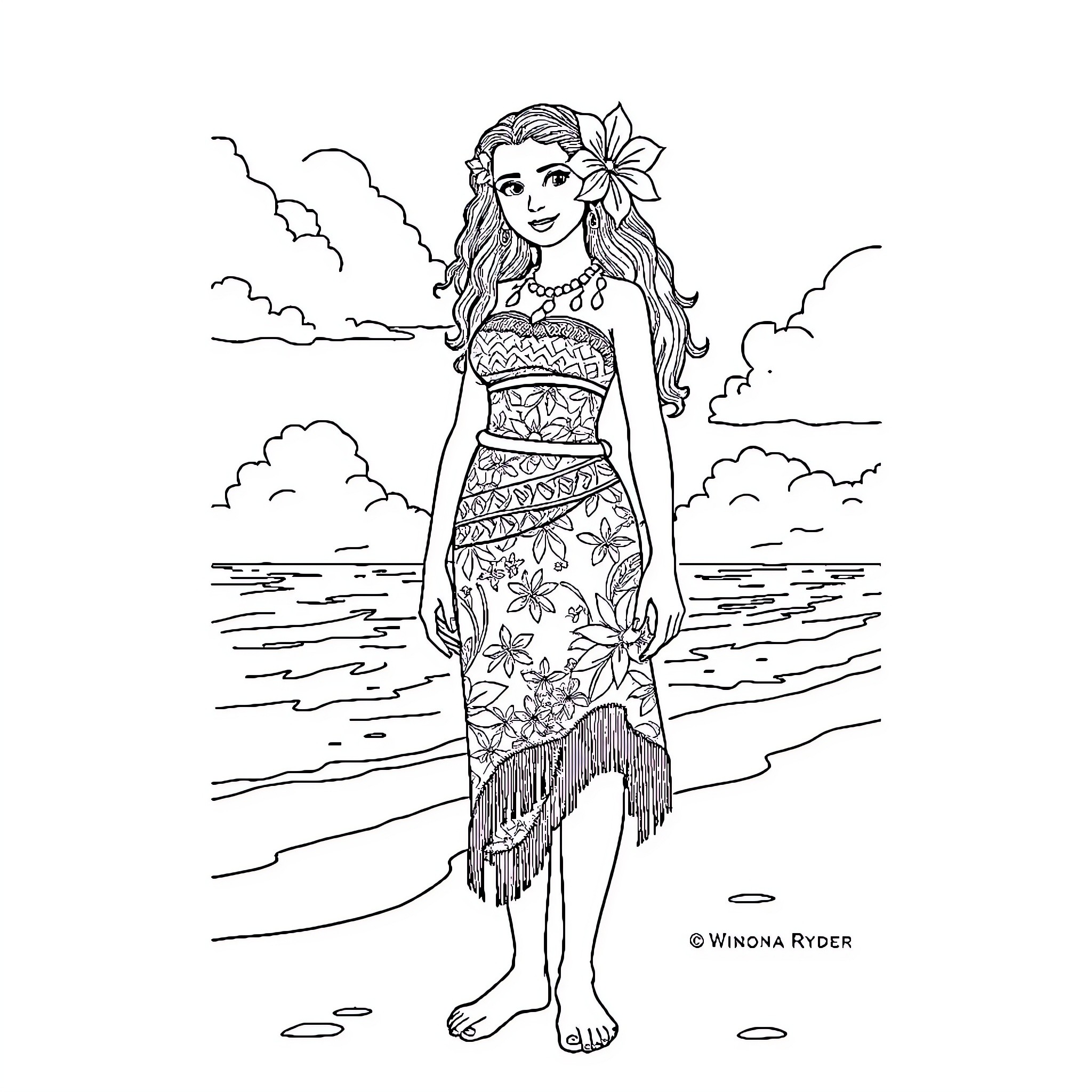 Moana exploring the beach in traditional Hawaiian attire Coloring Page (free black-and-white line drawing printable PDF for all, from beginners to advanced learners, including children, teens, adults, and seniors)