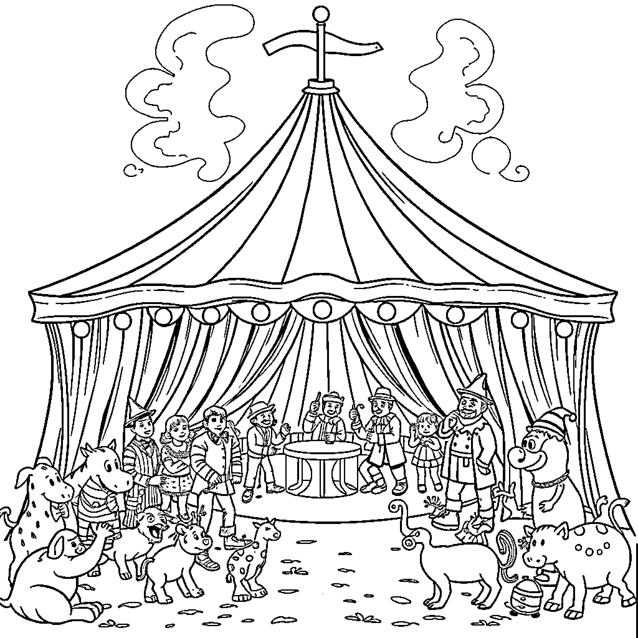 Circus performers entertaining the crowd under the big top Coloring Page (free black-and-white line drawing printable PDF for all, from beginners to advanced learners, including children, teens, adults, and seniors)