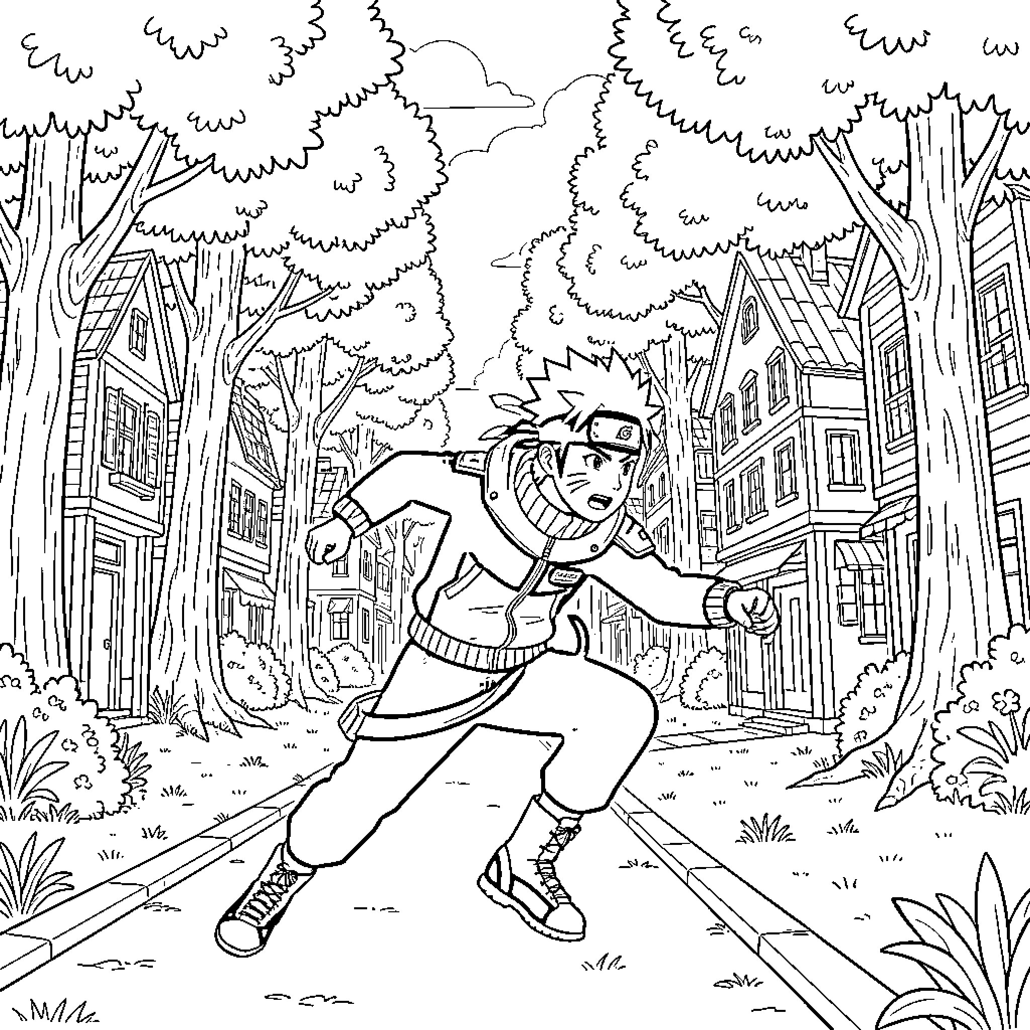 Naruto running through the village Coloring Page (free black-and-white line drawing printable PDF for all, from beginners to advanced learners, including children, teens, adults, and seniors)