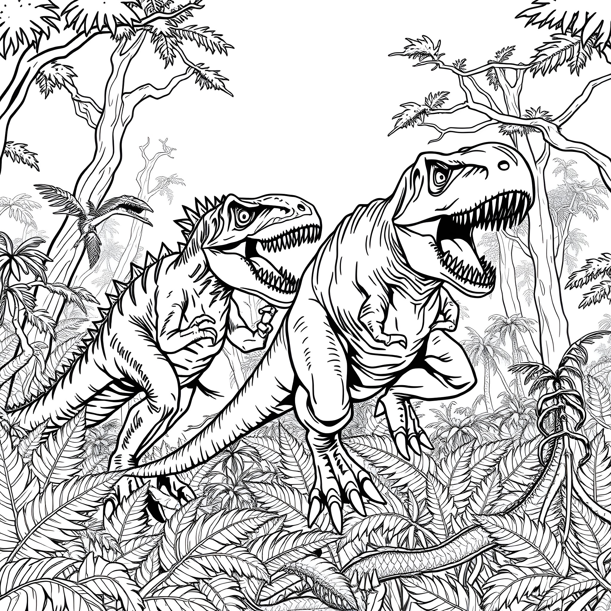 Rex's Jurassic Adventure in the Prehistoric Jungle Coloring Page (free black-and-white line drawing printable PDF for all, from beginners to advanced learners, including children, teens, adults, and seniors)
