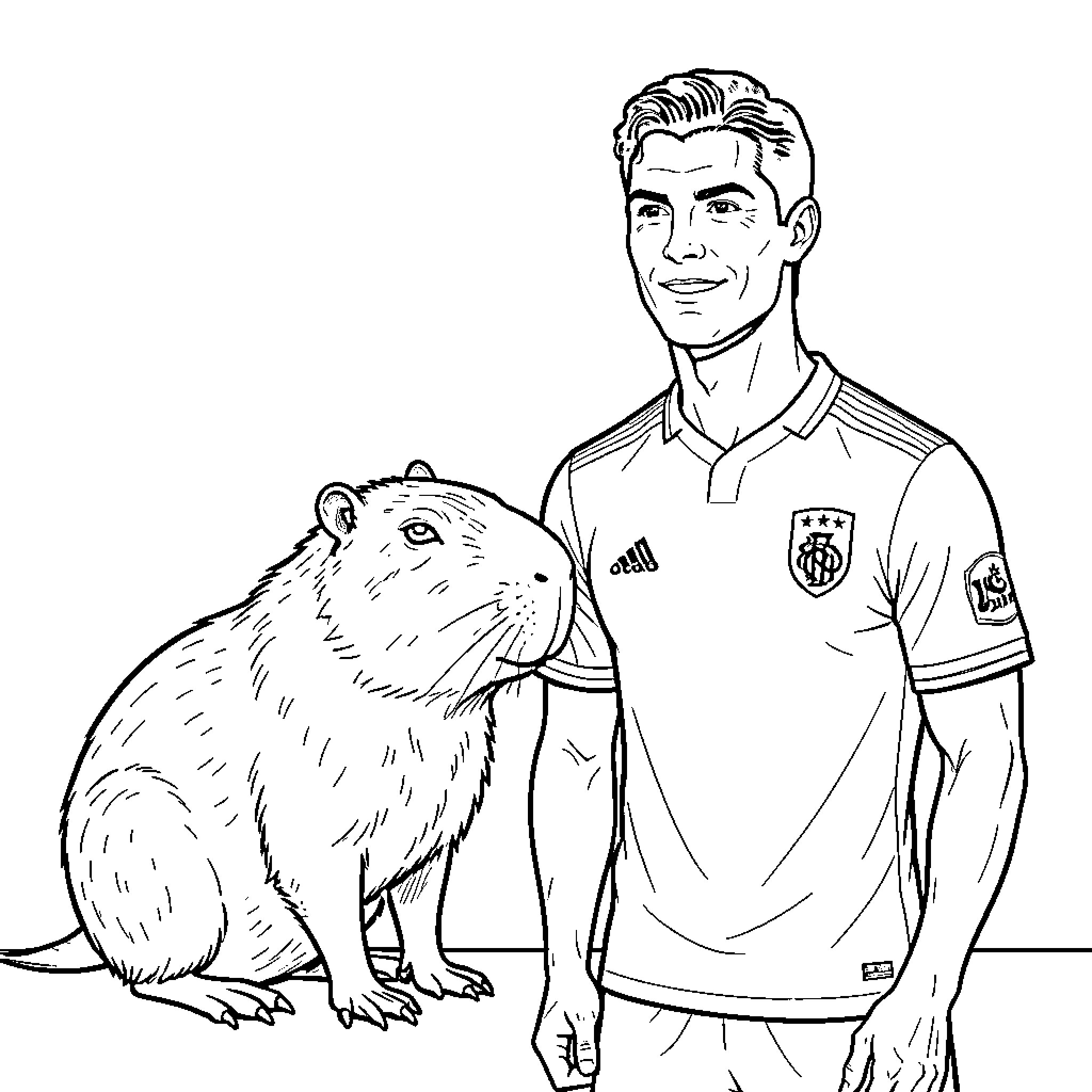 Capybara sitting beside a smiling soccer player Coloring Page (free black-and-white line drawing printable PDF for all, from beginners to advanced learners, including children, teens, adults, and seniors)