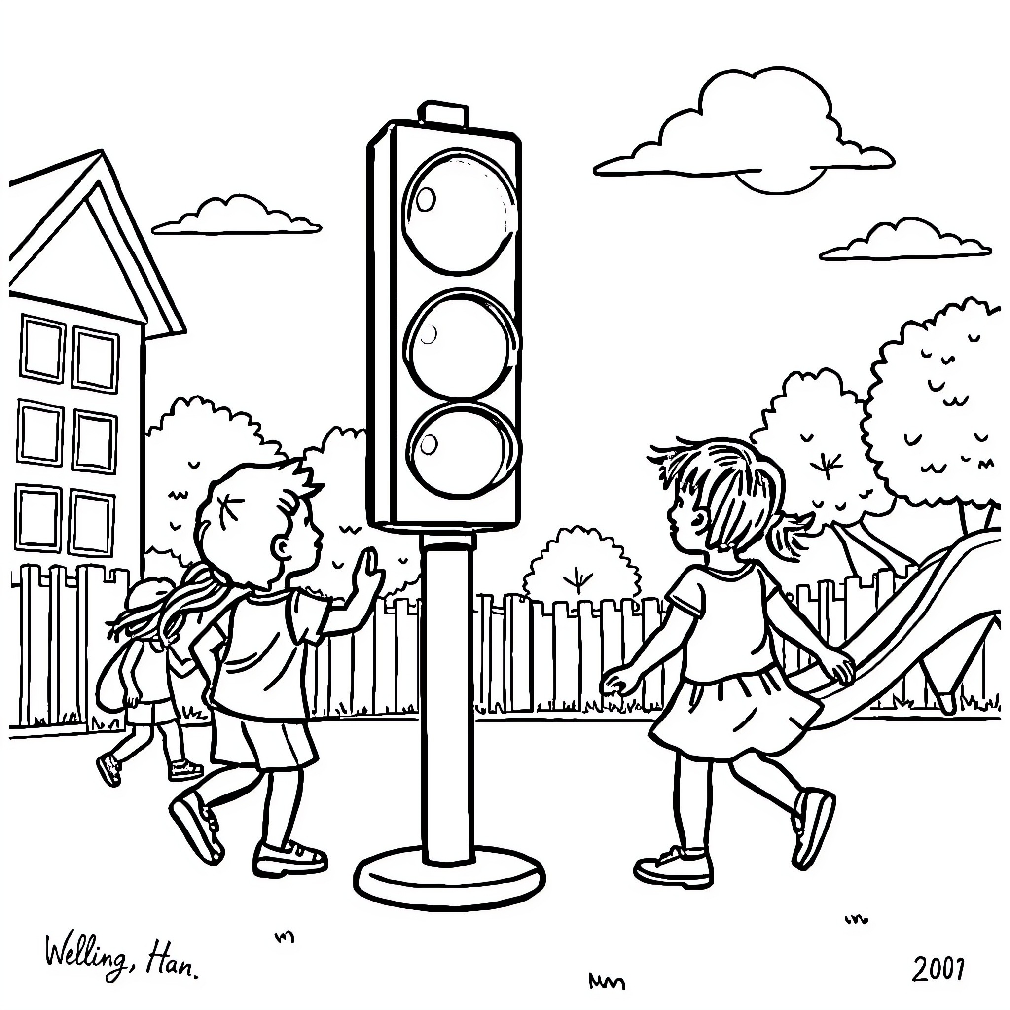 Light-hearted children playing on the sidewalk Coloring Page (free black-and-white line drawing printable PDF for all, from beginners to advanced learners, including children, teens, adults, and seniors)