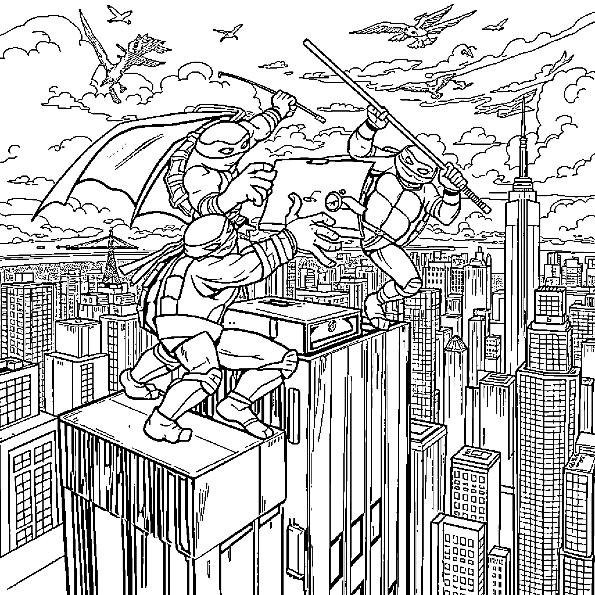 Teenage Mutant Ninja Turtle Heroes Soaring Above Skyscrapers Coloring Page (free black-and-white line drawing printable PDF for all, from beginners to advanced learners, including children, teens, adults, and seniors)