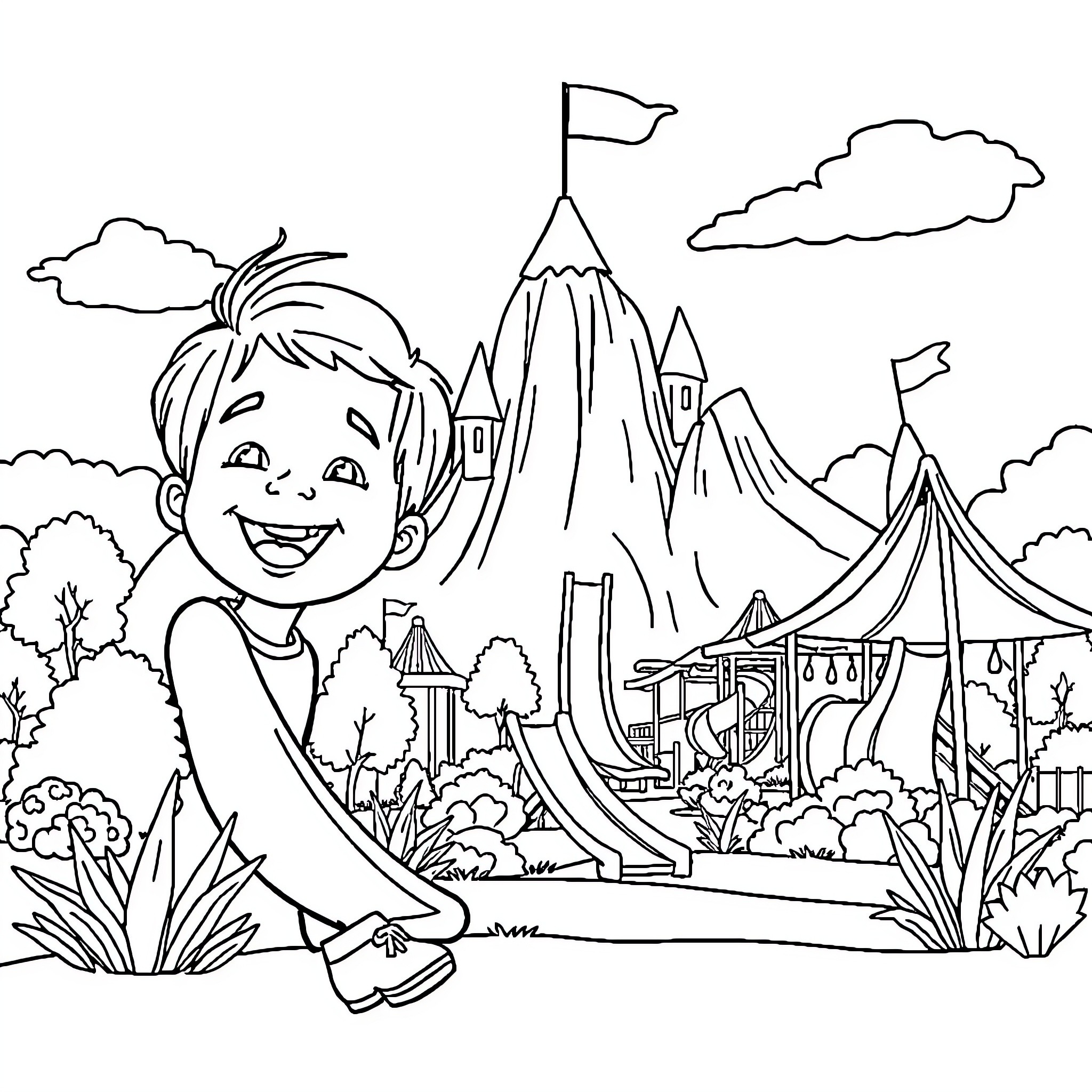 Child exploring a whimsical fantasy landscape Coloring Page (free black-and-white line drawing printable PDF for all, from beginners to advanced learners, including children, teens, adults, and seniors)
