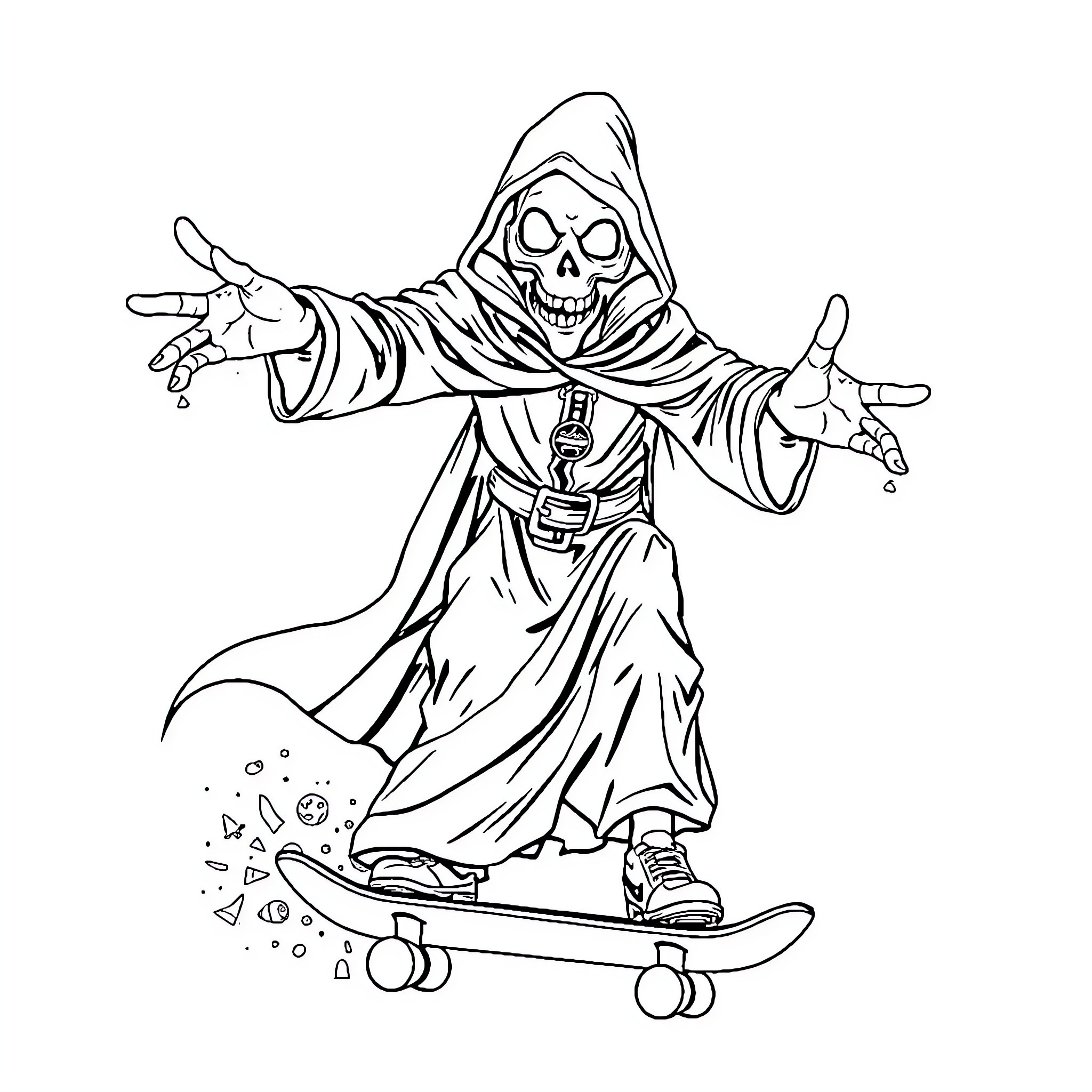 Plague Doctor Riding a Skateboard Coloring Page (free black-and-white line drawing printable PDF for all, from beginners to advanced learners, including children, teens, adults, and seniors)