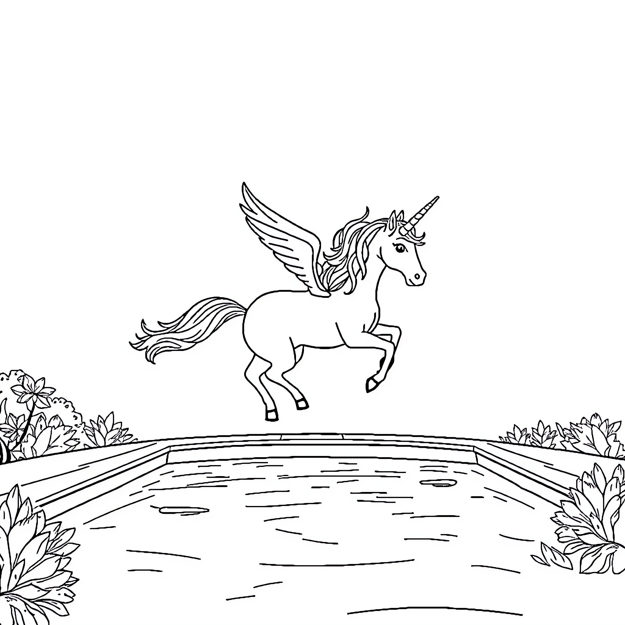 Unicorn soaring above a serene pond Coloring Page (free black-and-white line drawing printable PDF for all, from beginners to advanced learners, including children, teens, adults, and seniors)