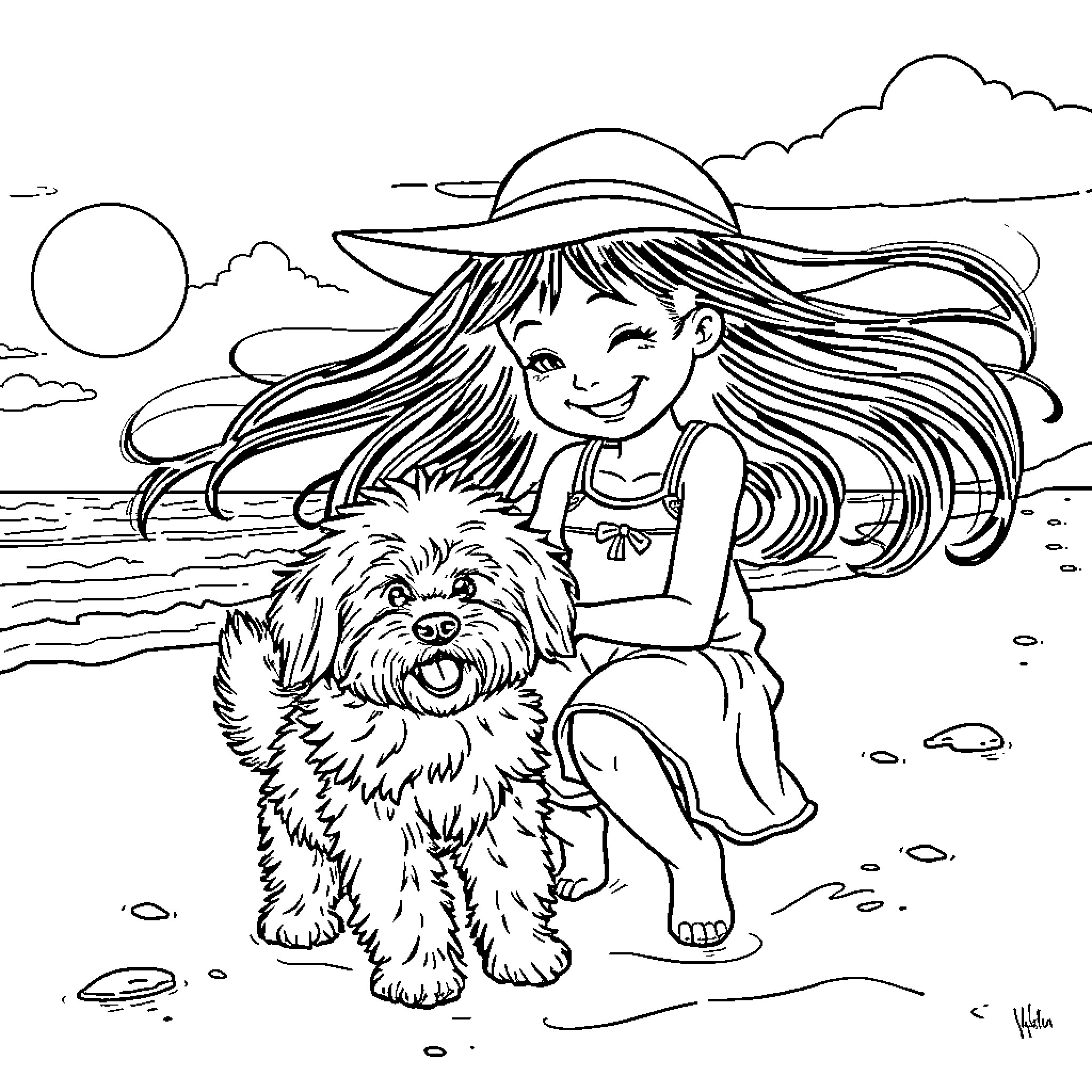 Girl and her dog at the beach Coloring Page (free black-and-white line drawing printable PDF for all, from beginners to advanced learners, including children, teens, adults, and seniors)