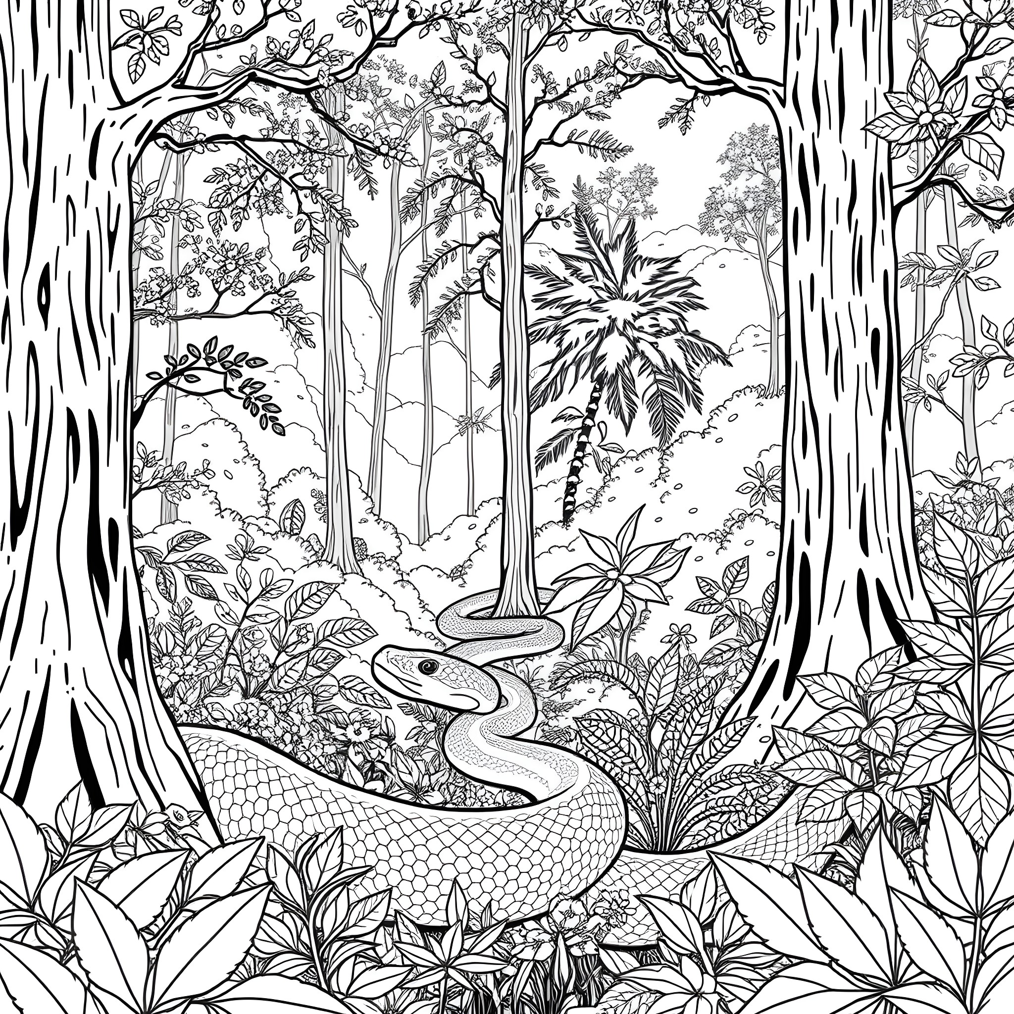 Boa snake slithering through the lush jungle Coloring Page (free black-and-white line drawing printable PDF for all, from beginners to advanced learners, including children, teens, adults, and seniors)