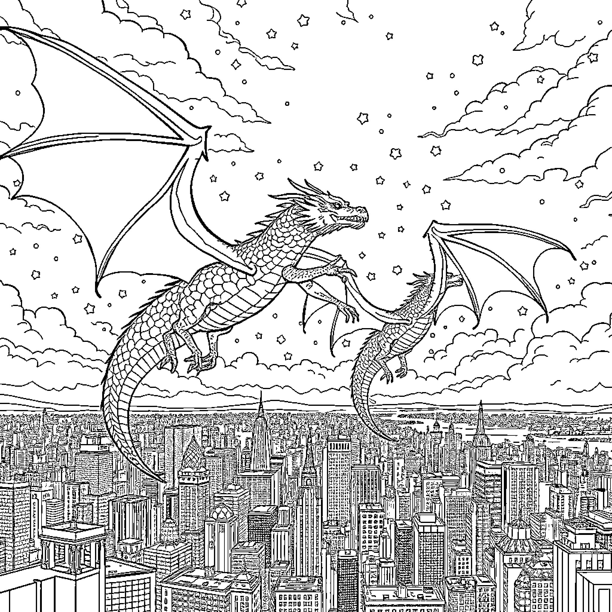 Dragons soaring over a fantastical cityscape Coloring Page (free black-and-white line drawing printable PDF for all, from beginners to advanced learners, including children, teens, adults, and seniors)