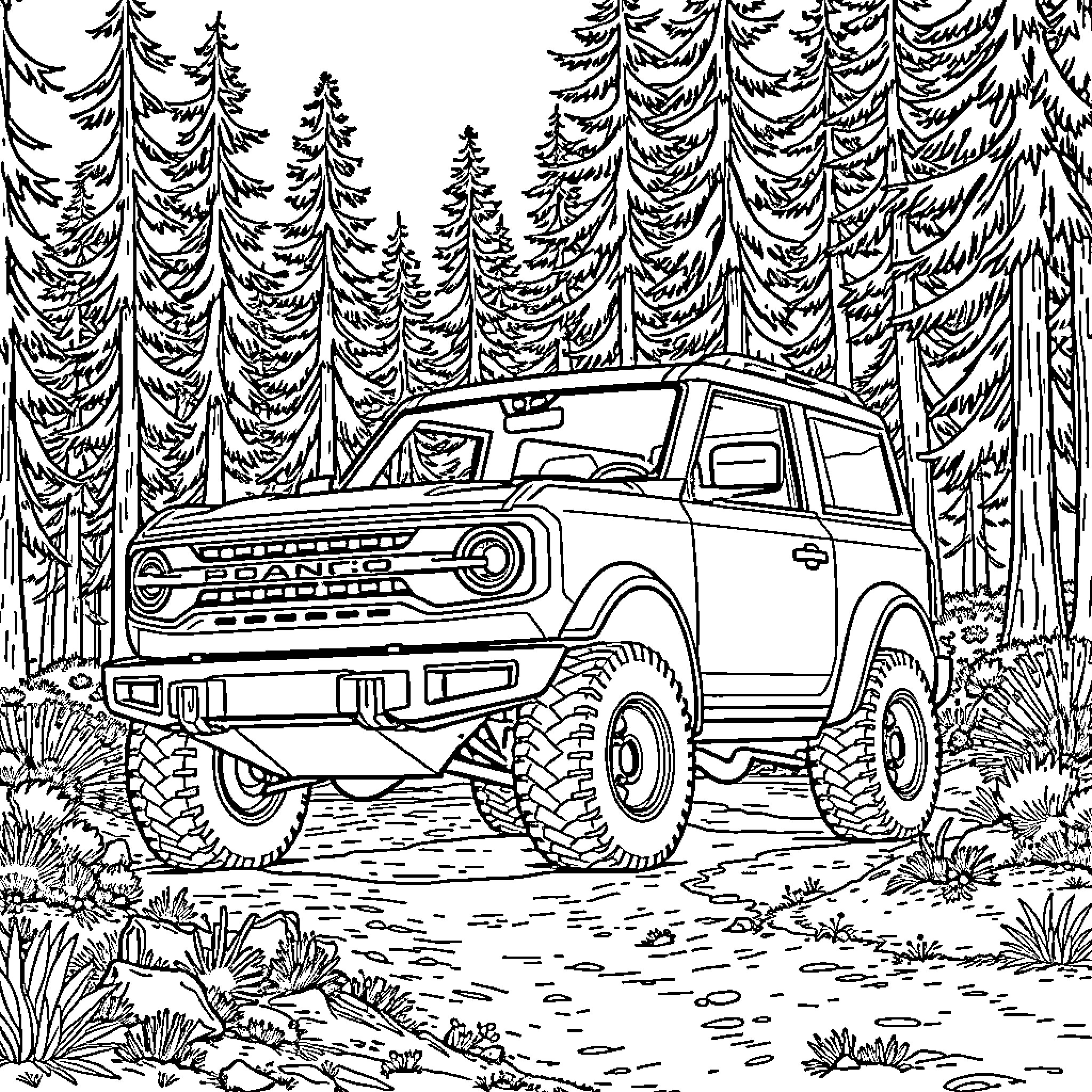 Ford Bronco off-road adventure in forest Coloring Page (free black-and-white line drawing printable PDF for all, from beginners to advanced learners, including children, teens, adults, and seniors)