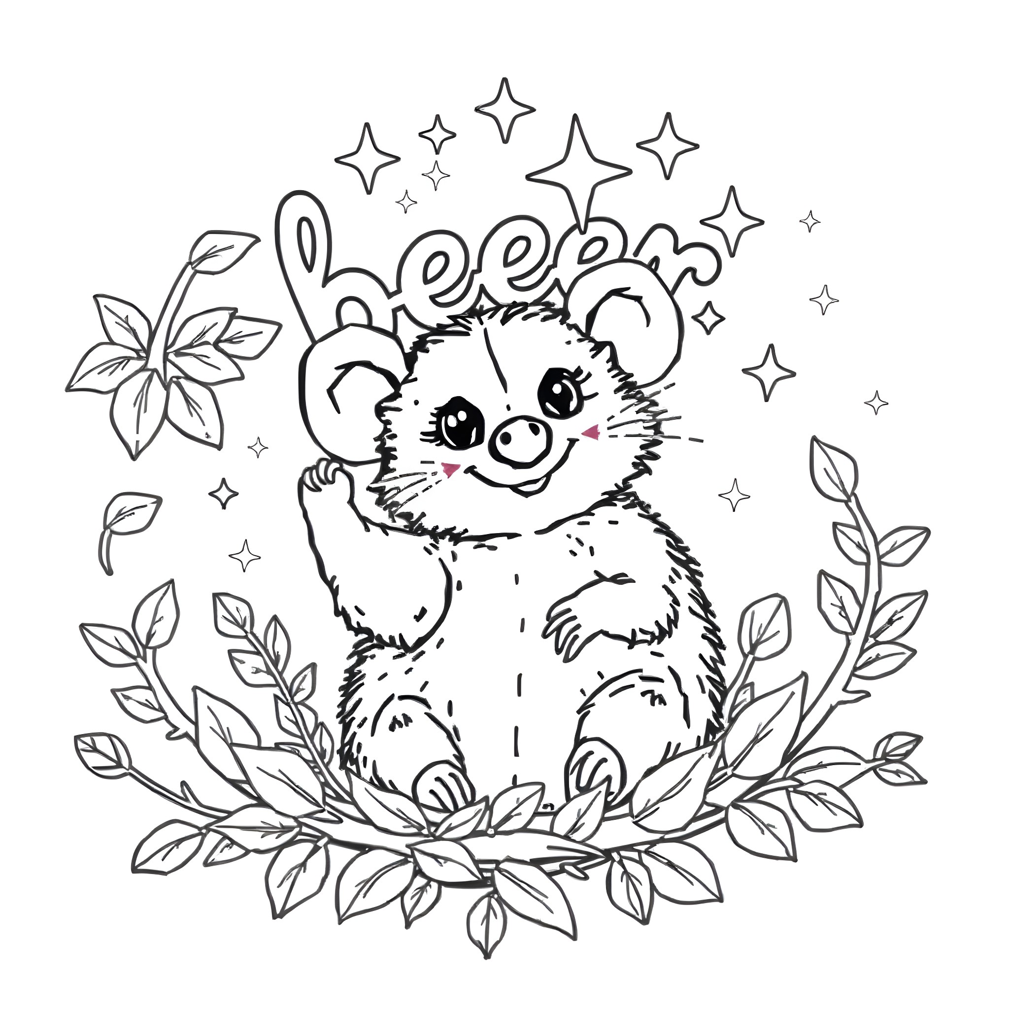 Possum surrounded by stars and flowers Coloring Page (free black-and-white line drawing printable PDF for all, from beginners to advanced learners, including children, teens, adults, and seniors)