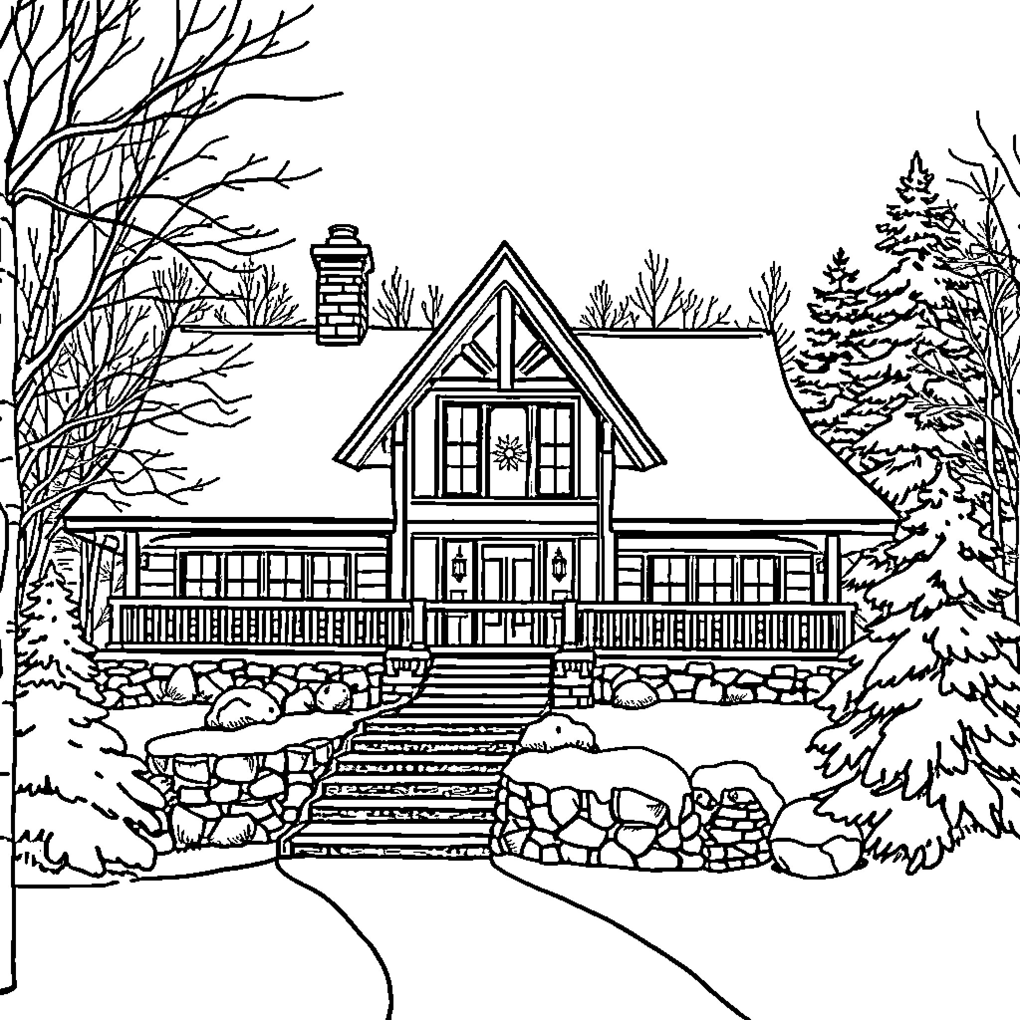 Wilson Lodge in Wintry Scenery Coloring Page (free black-and-white line drawing printable PDF for all, from beginners to advanced learners, including children, teens, adults, and seniors)