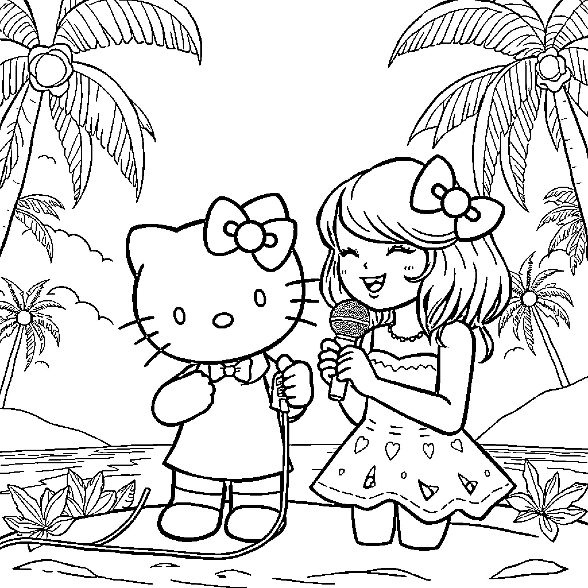 Hello Kitty singing with a girl on the beach Coloring Page (free black-and-white line drawing printable PDF for all, from beginners to advanced learners, including children, teens, adults, and seniors)