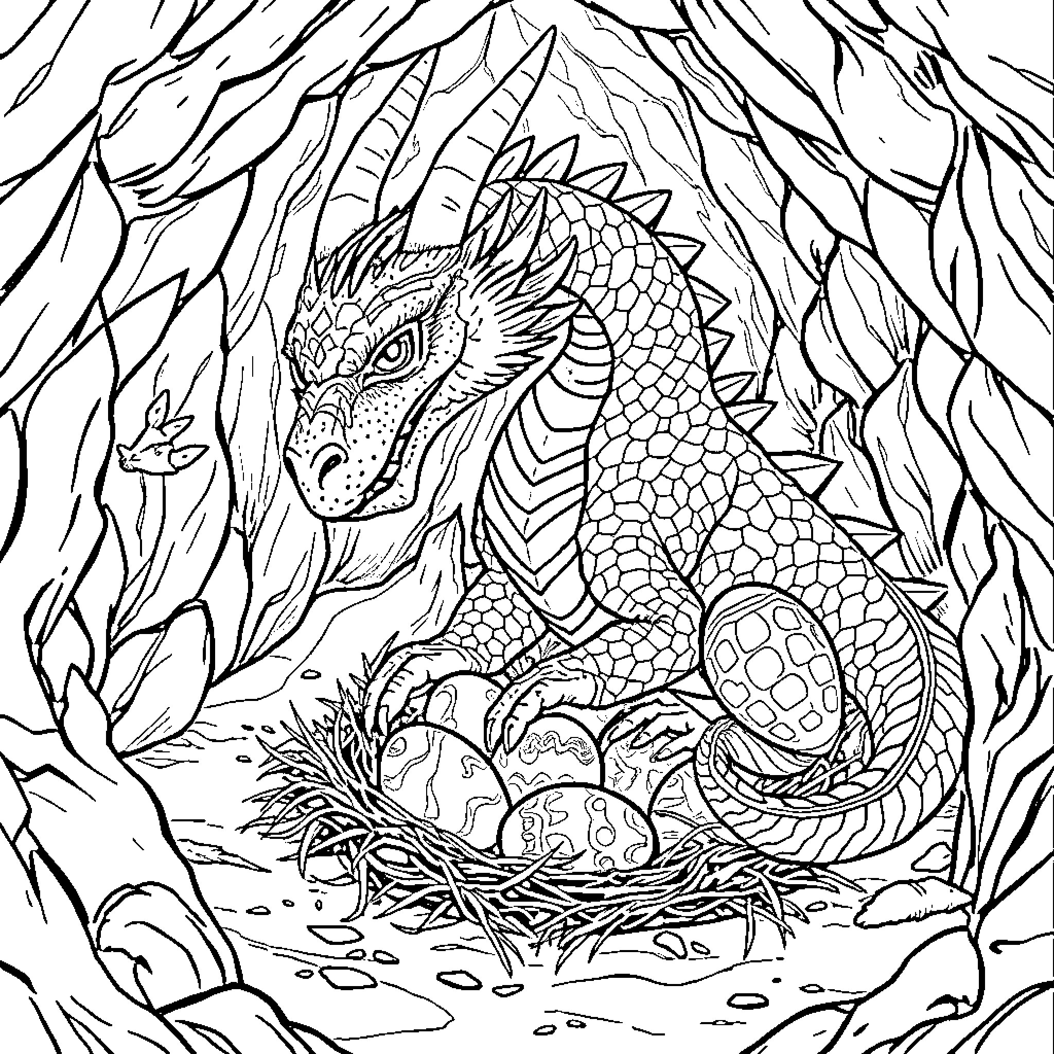 Dragon guarding its nest in the magical forest Coloring Page (free black-and-white line drawing printable PDF for all, from beginners to advanced learners, including children, teens, adults, and seniors)