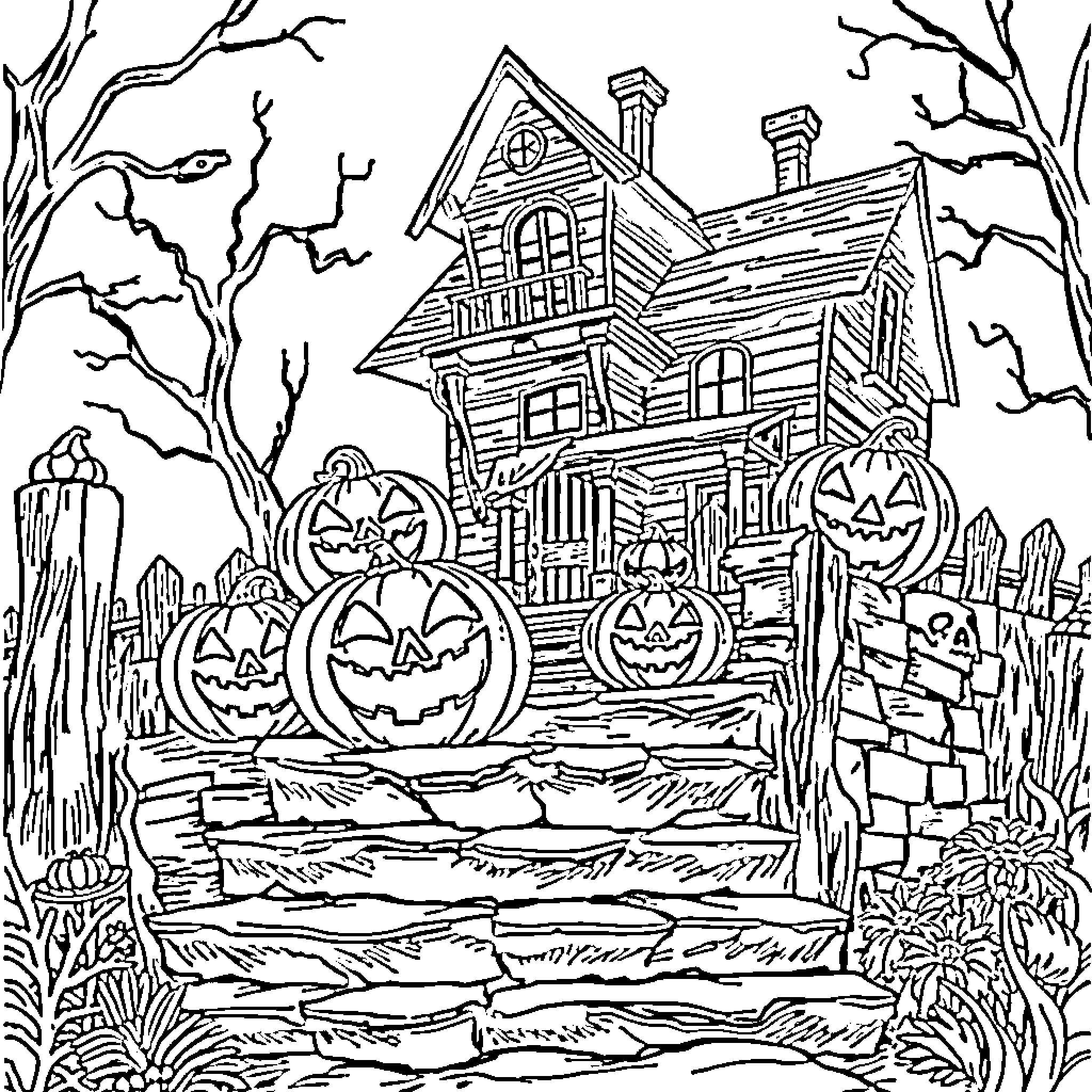 Jack-o'-lanterns and haunted house on a spooky night Coloring Page (free black-and-white line drawing printable PDF for all, from beginners to advanced learners, including children, teens, adults, and seniors)