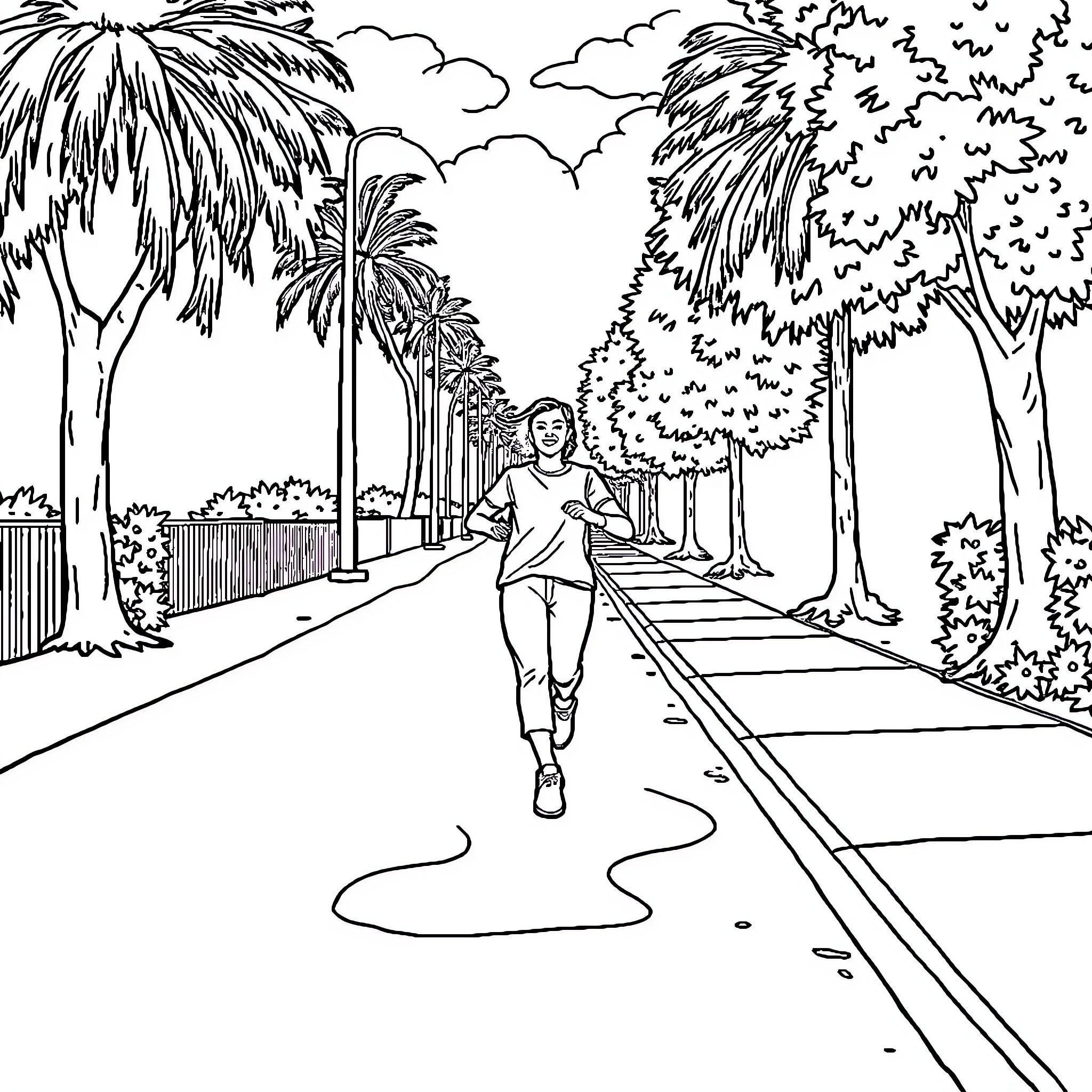 Person walking down a path in a tropical landscape Coloring Page (free black-and-white line drawing printable PDF for all, from beginners to advanced learners, including children, teens, adults, and seniors)