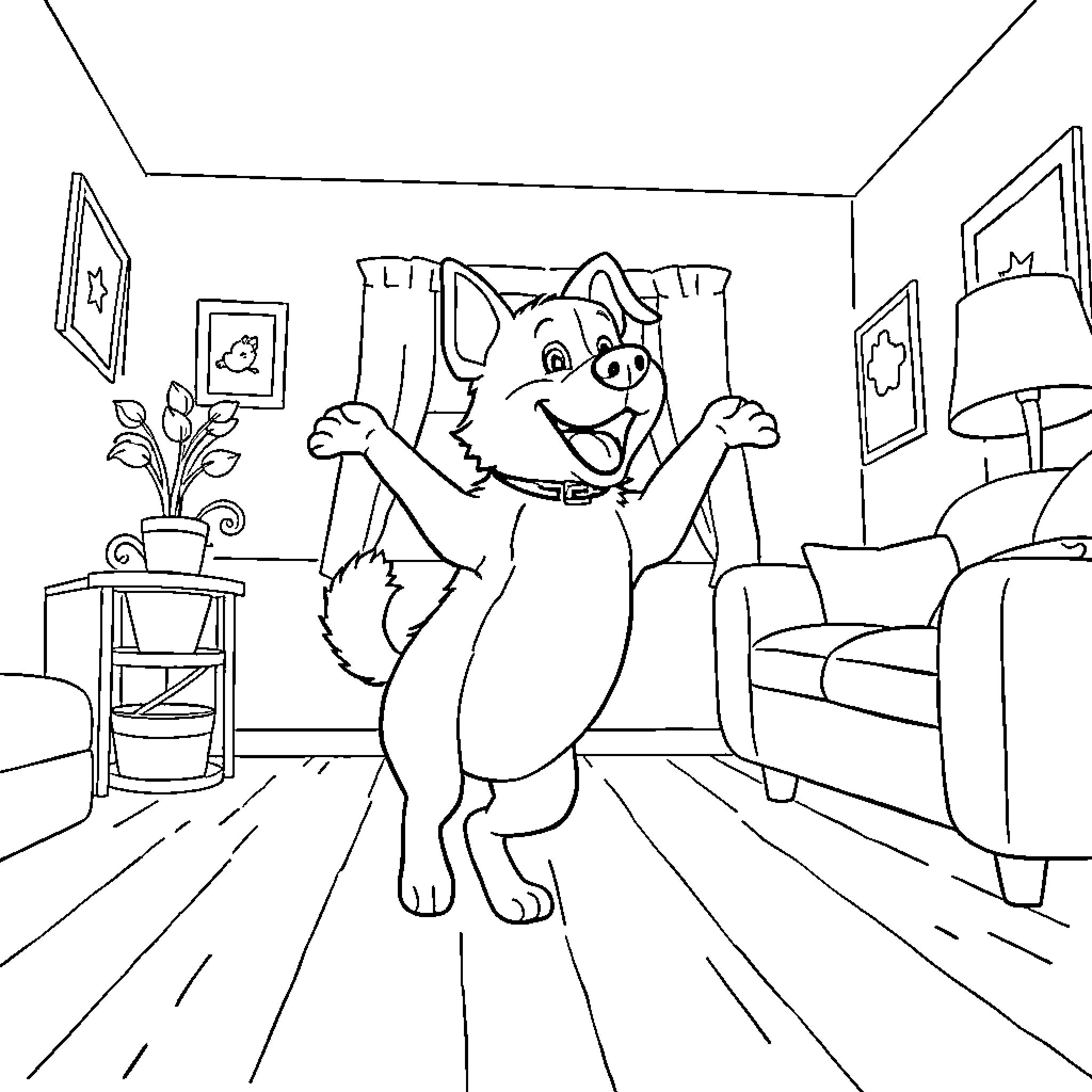 Bluey exploring a cozy indoor setting Coloring Page (free black-and-white line drawing printable PDF for all, from beginners to advanced learners, including children, teens, adults, and seniors)