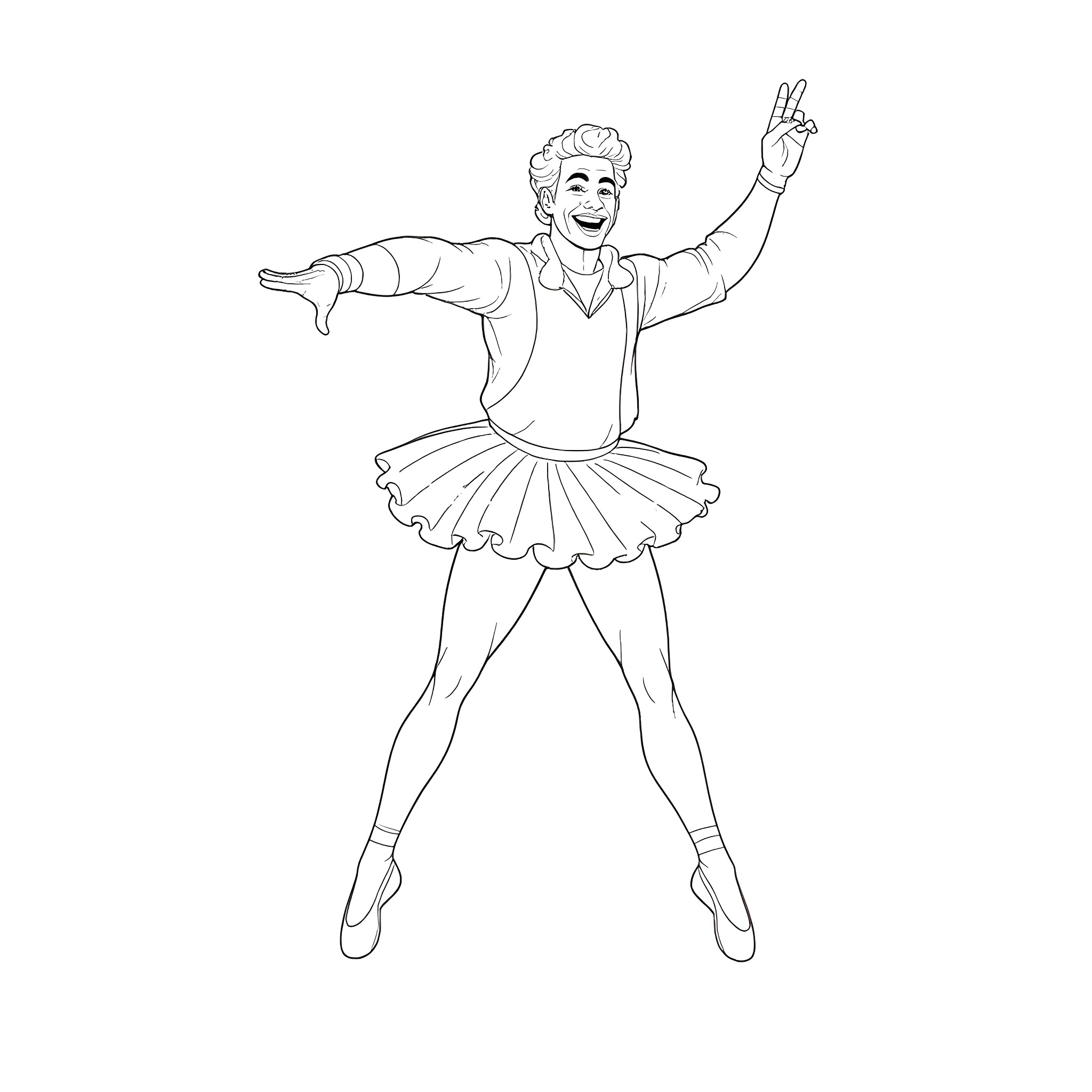 Ace Ventura performing a whimsical dance Coloring Page (free black-and-white line drawing printable PDF for all, from beginners to advanced learners, including children, teens, adults, and seniors)