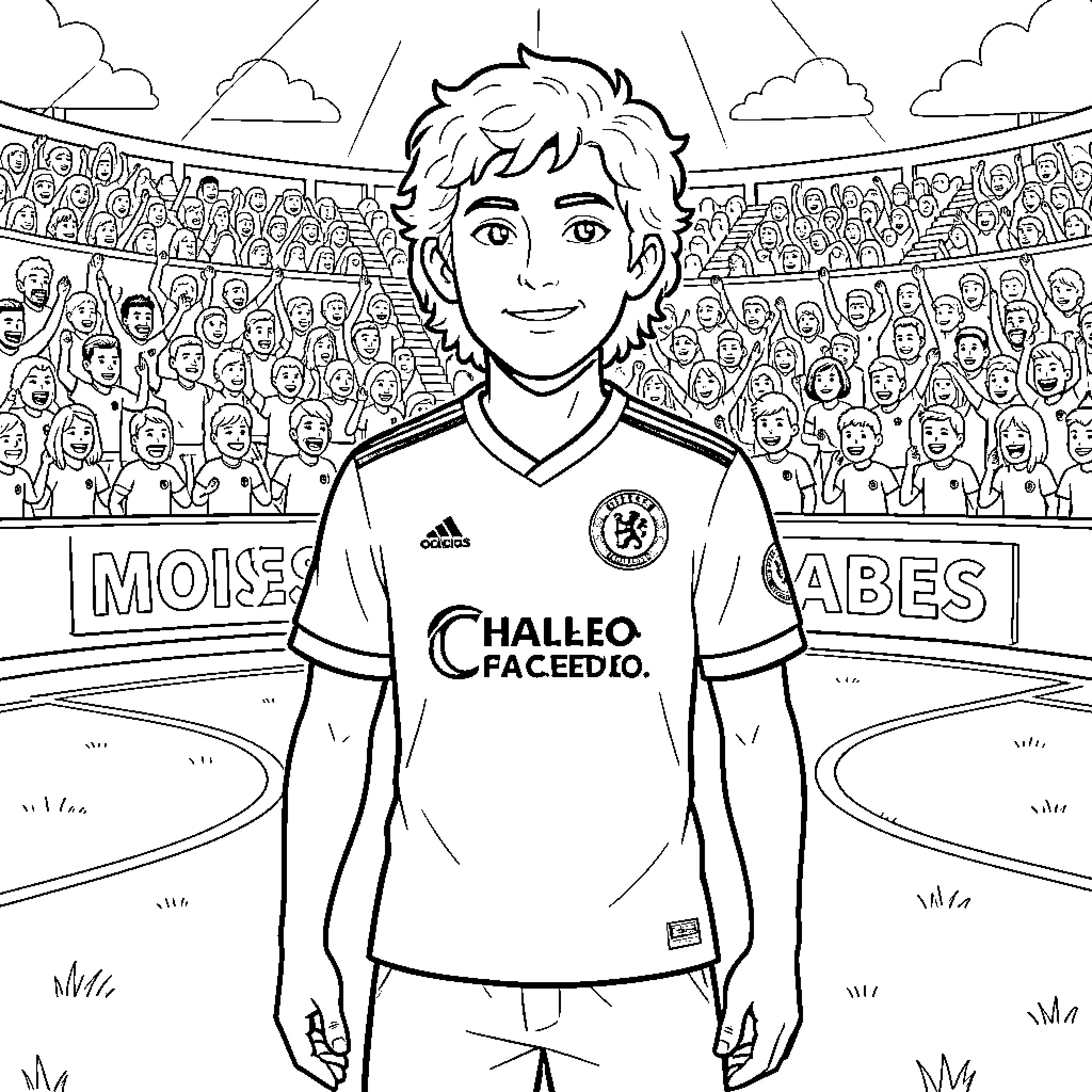 Moises Caciedo smiling in a soccer stadium Coloring Page (free black-and-white line drawing printable PDF for all, from beginners to advanced learners, including children, teens, adults, and seniors)