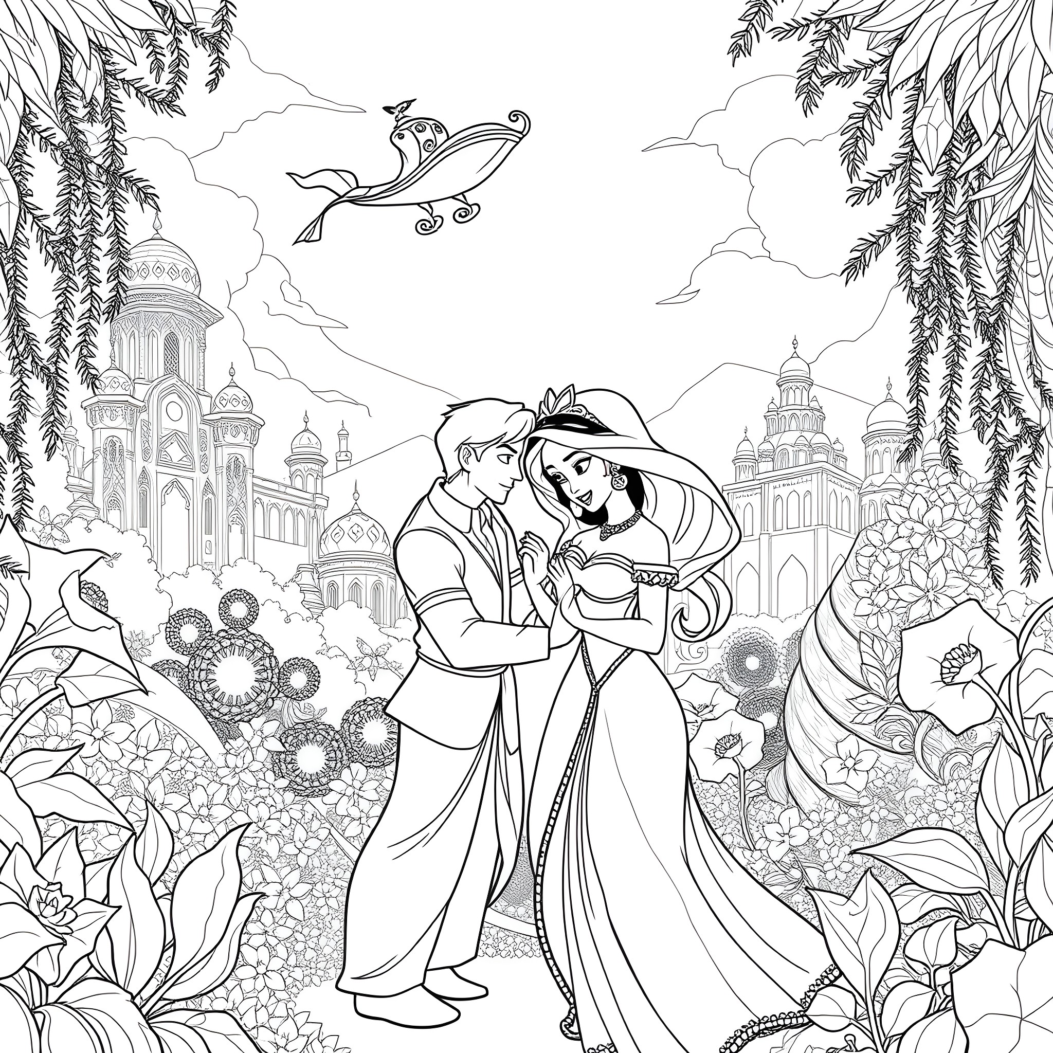 Jasmine and Aladdin in a romantic scene Coloring Page (free black-and-white line drawing printable PDF for all, from beginners to advanced learners, including children, teens, adults, and seniors)
