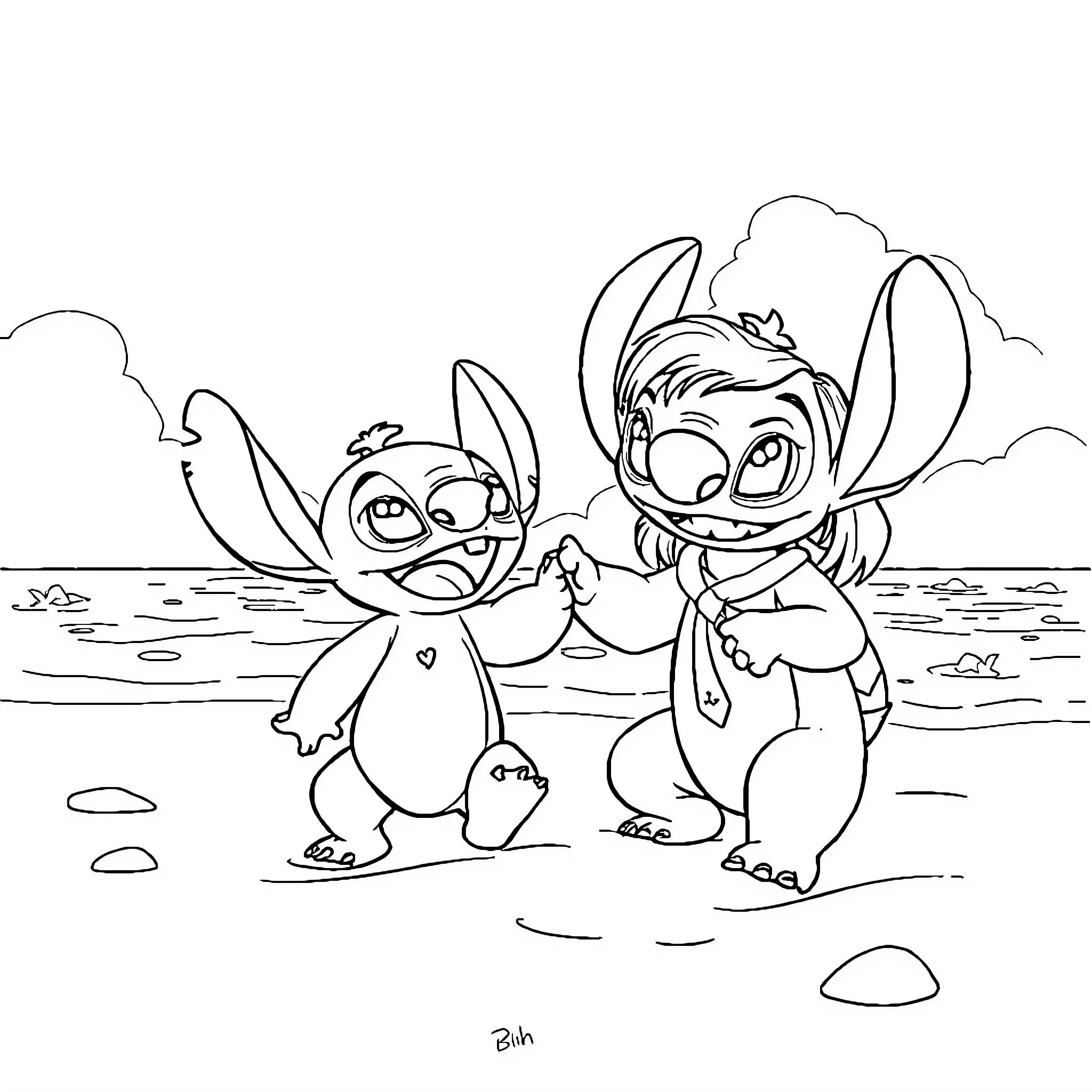 Lilo and Stitch playing on the beach Coloring Page (free black-and-white line drawing printable PDF for all, from beginners to advanced learners, including children, teens, adults, and seniors)