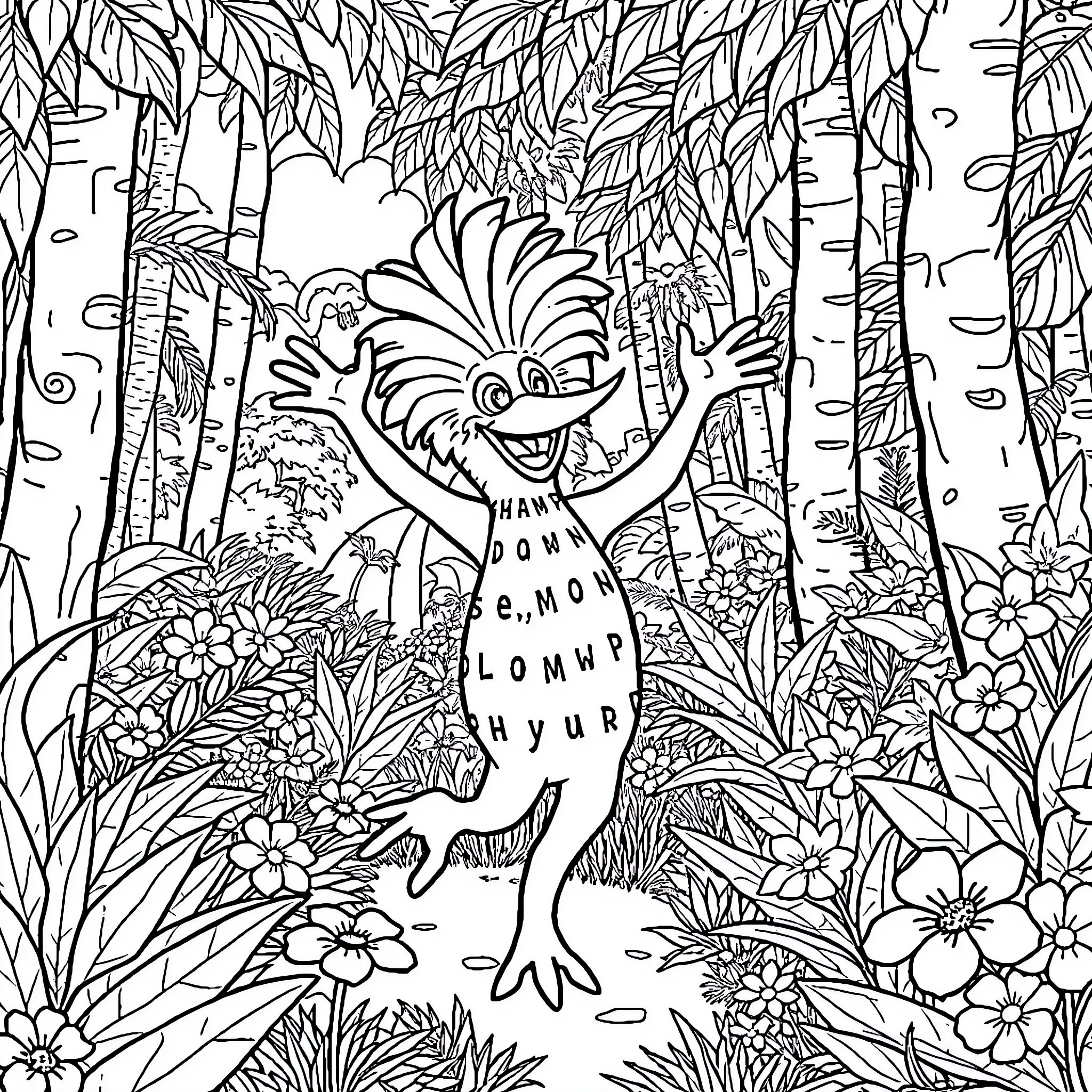 Podo's Playful Frolicking in the Enchanted Forest Coloring Page (free black-and-white line drawing printable PDF for all, from beginners to advanced learners, including children, teens, adults, and seniors)