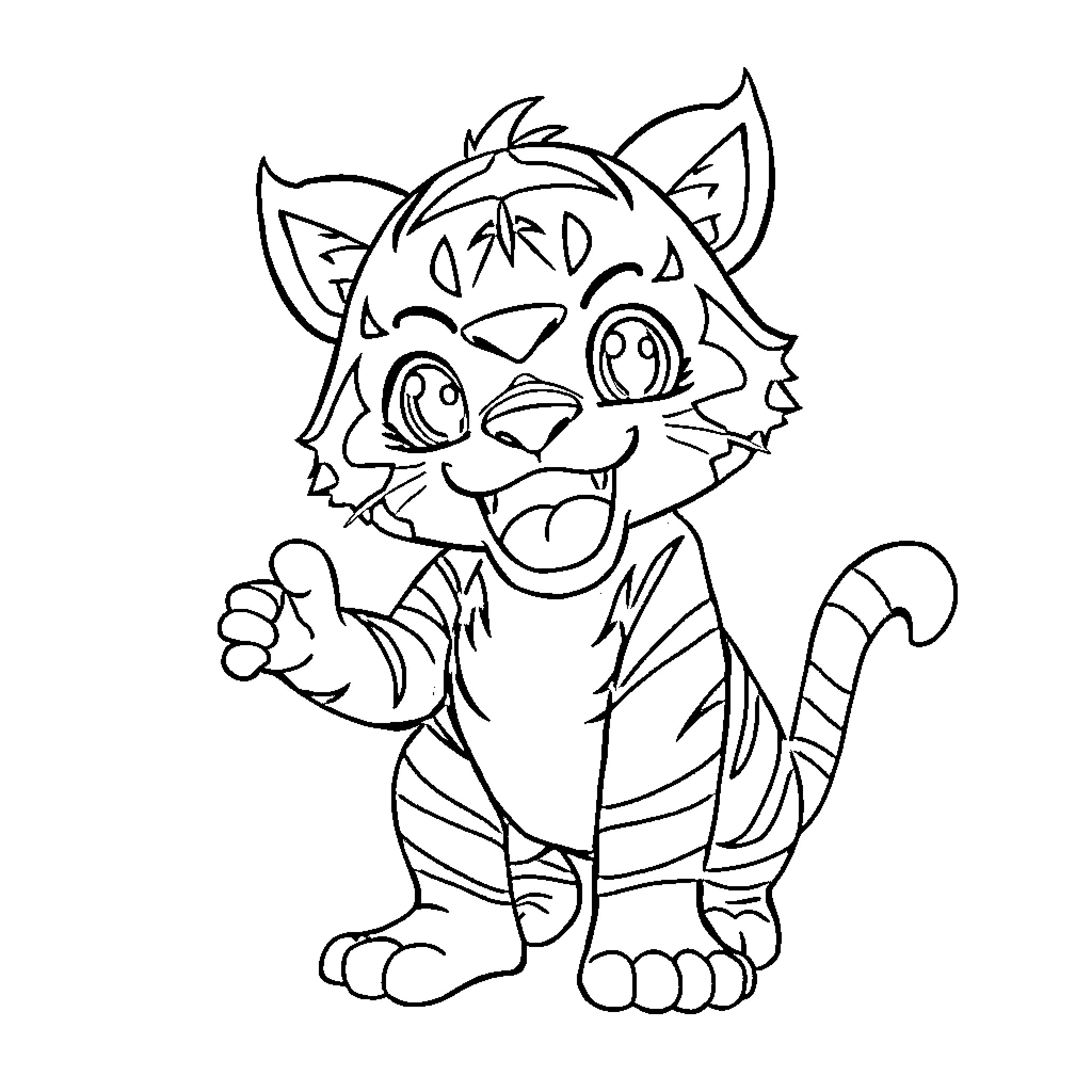 Tiger playfully posing with a thumbs up Coloring Page (free black-and-white line drawing printable PDF for all, from beginners to advanced learners, including children, teens, adults, and seniors)