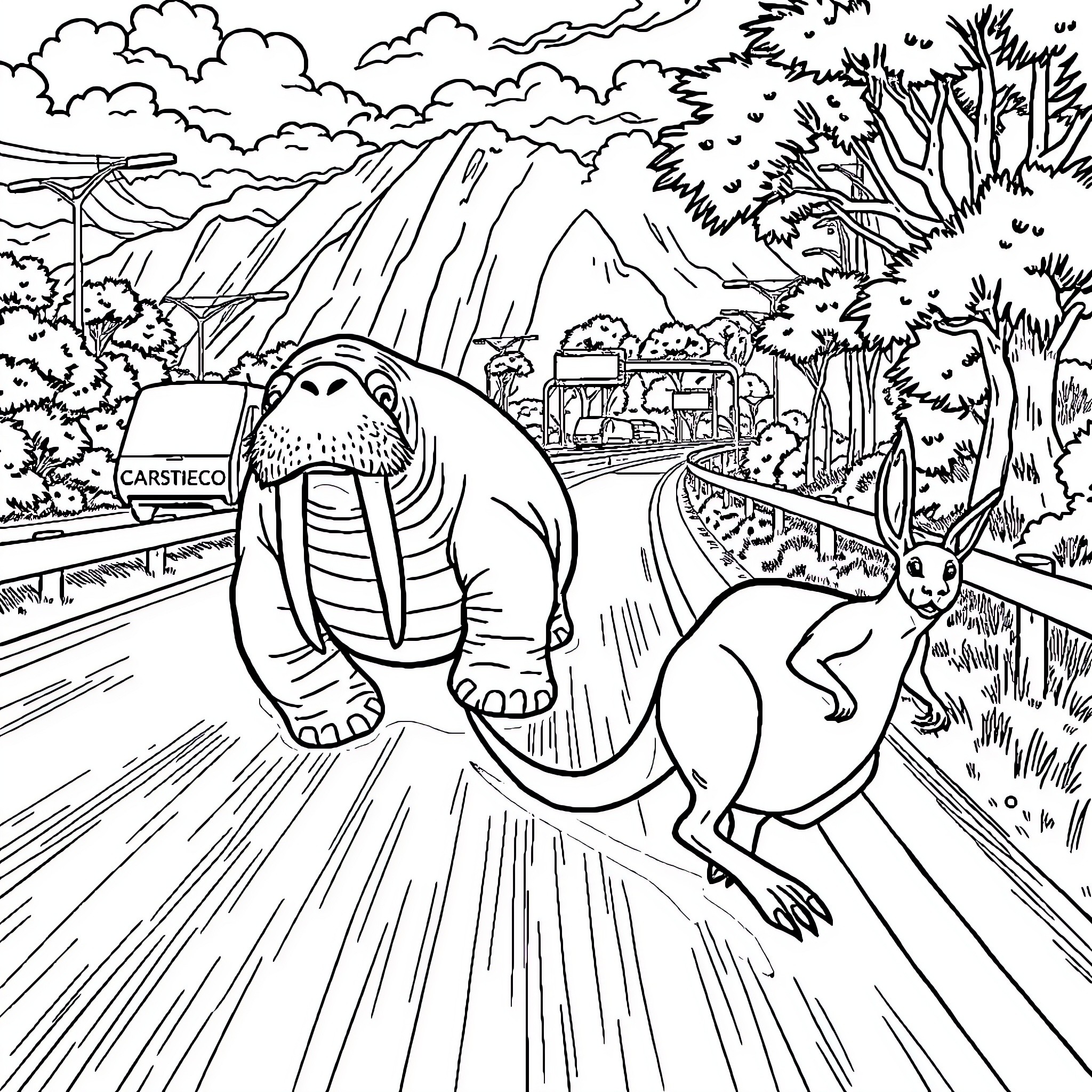 Walrus and Kangaroo Exploring the Scenic Landscape Coloring Page (free black-and-white line drawing printable PDF for all, from beginners to advanced learners, including children, teens, adults, and seniors)