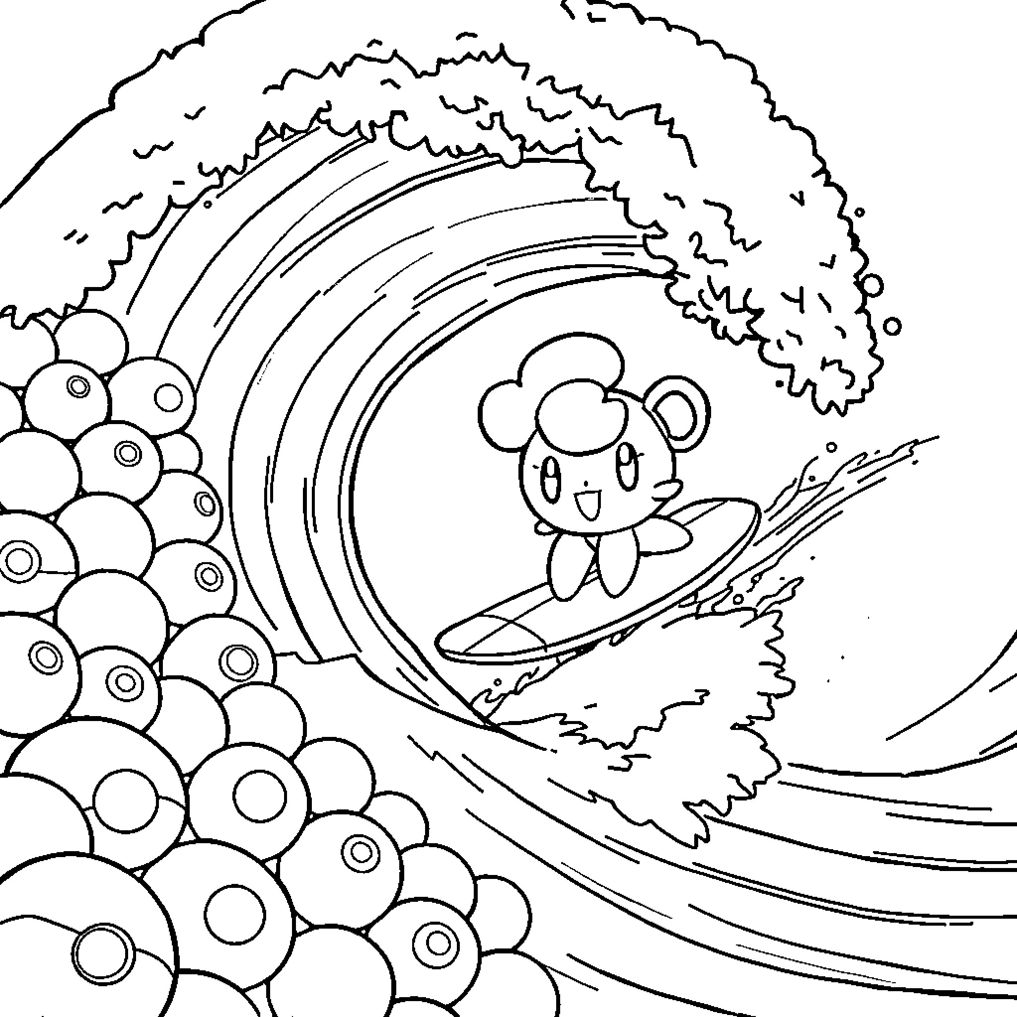 Piplup surfing on a wave Coloring Page (free black-and-white line drawing printable PDF for all, from beginners to advanced learners, including children, teens, adults, and seniors)