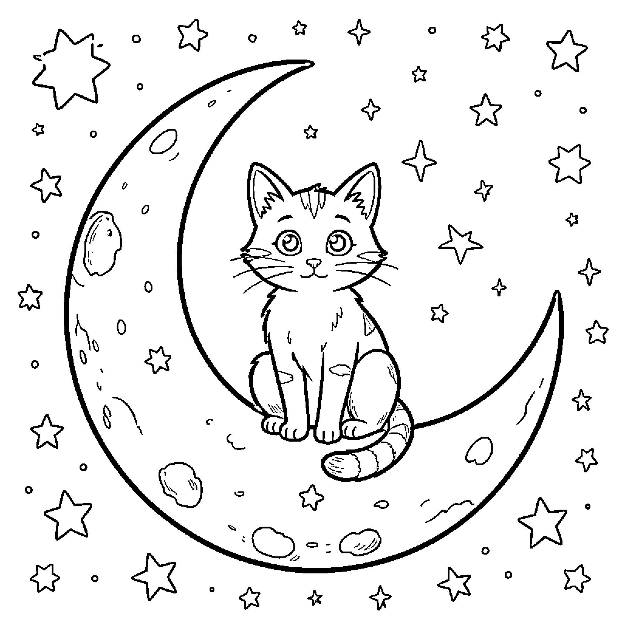 Cat sitting on a crescent moon surrounded by stars Coloring Page (free black-and-white line drawing printable PDF for all, from beginners to advanced learners, including children, teens, adults, and seniors)