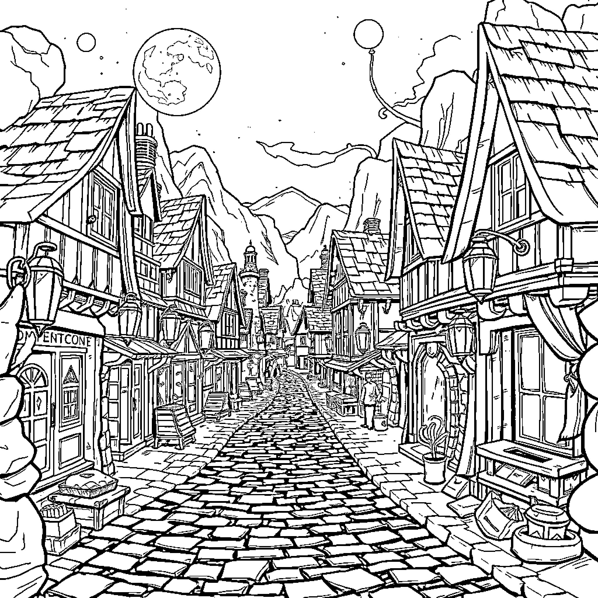 Town of Cobblestone Streets and Quaint Shops Coloring Page (free black-and-white line drawing printable PDF for all, from beginners to advanced learners, including children, teens, adults, and seniors)