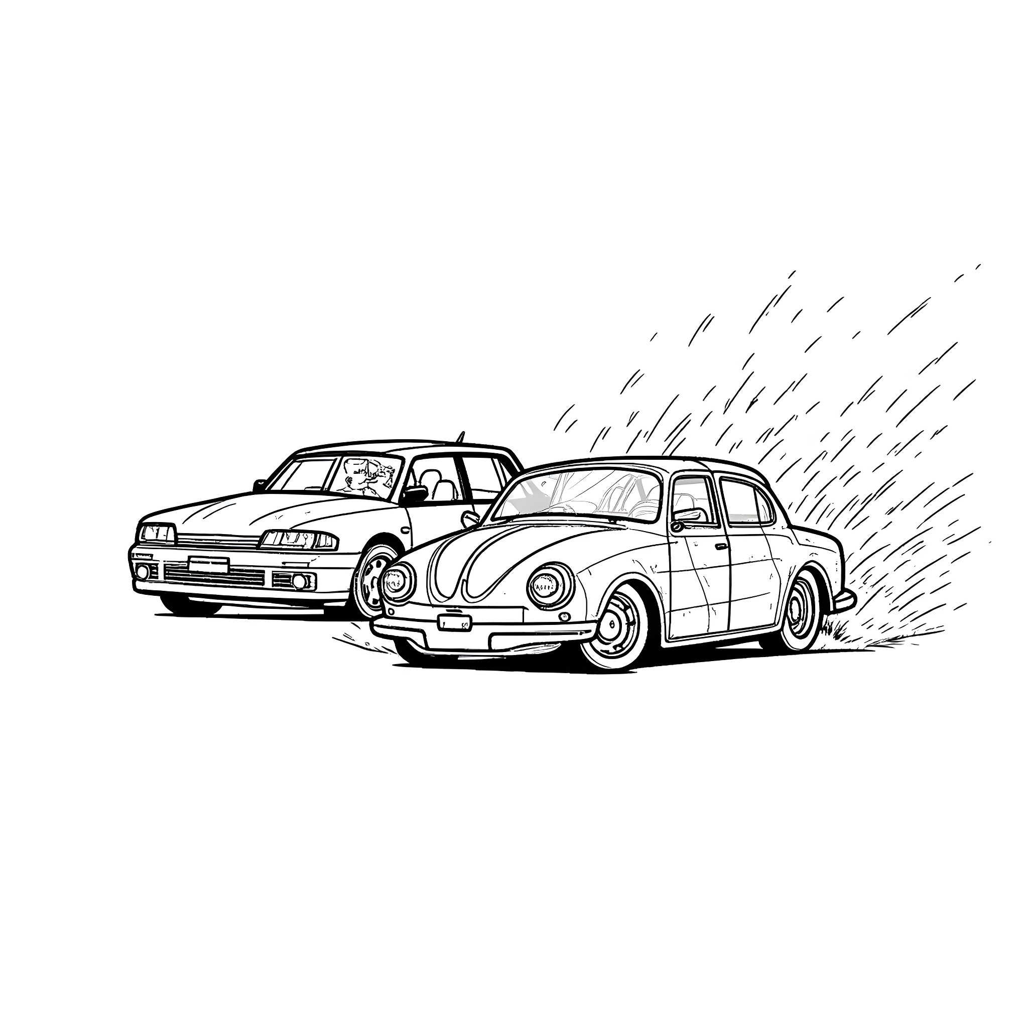 Cars racing on the road Coloring Page (free black-and-white line drawing printable PDF for all, from beginners to advanced learners, including children, teens, adults, and seniors)