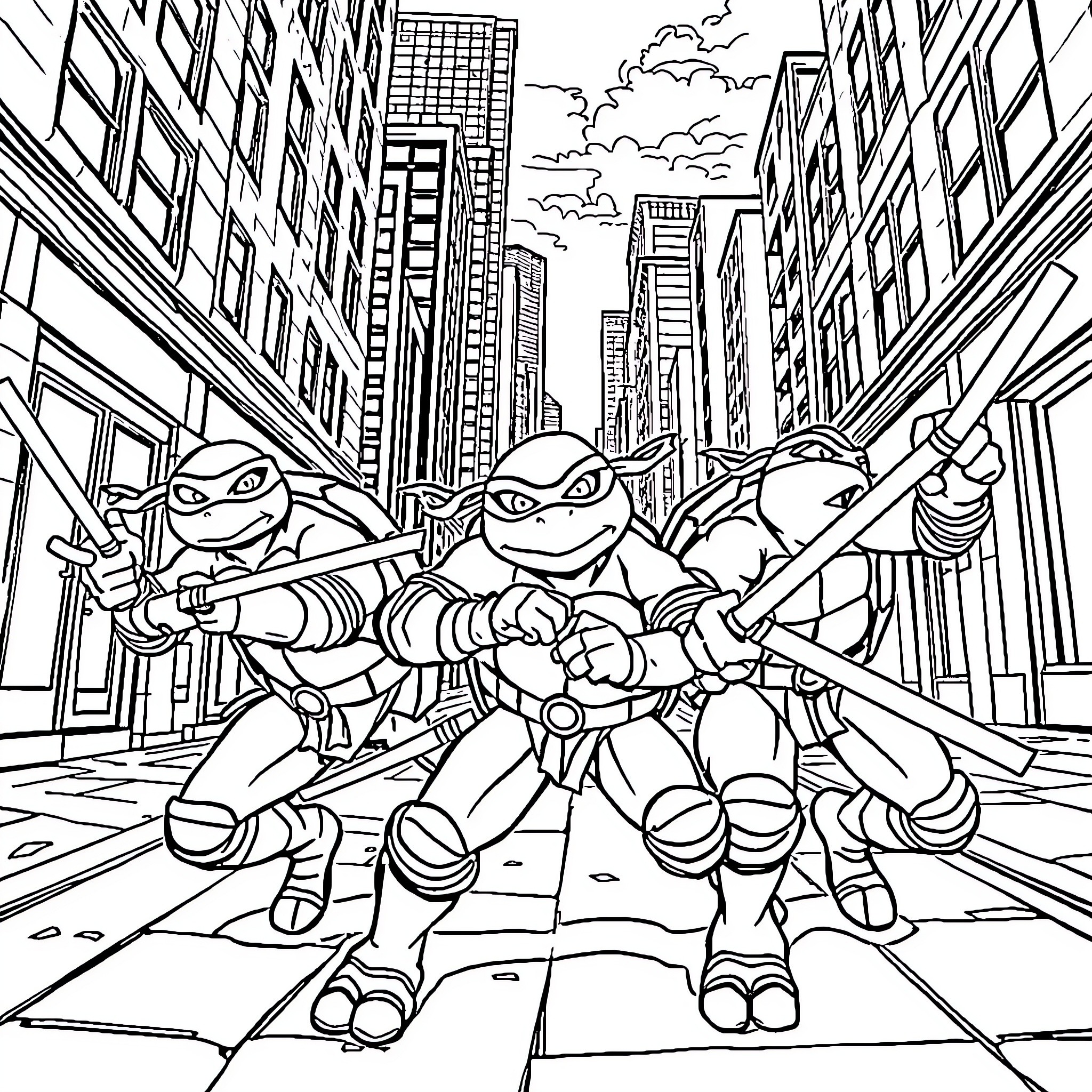 Ninja Turtle heroes saving the city Coloring Page (free black-and-white line drawing printable PDF for all, from beginners to advanced learners, including children, teens, adults, and seniors)