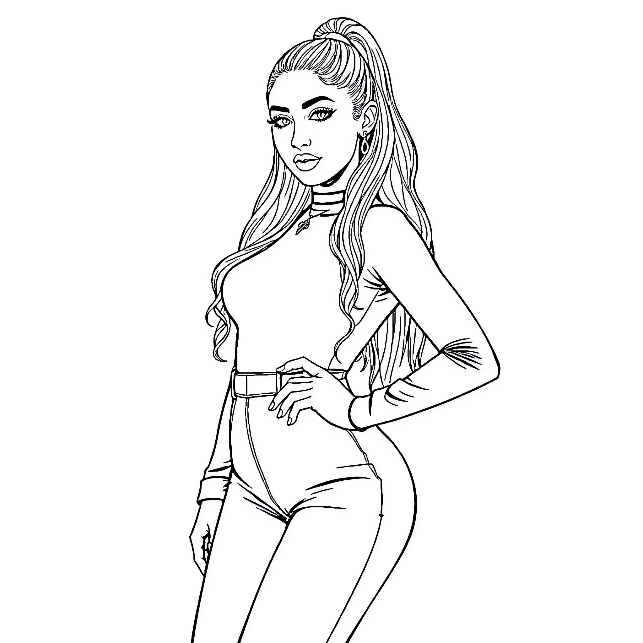Ariana Grande in stylish attire posing confidently Coloring Page (free black-and-white line drawing printable PDF for all, from beginners to advanced learners, including children, teens, adults, and seniors)