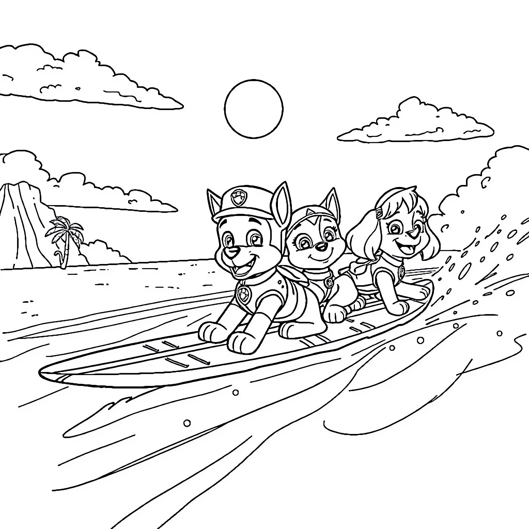 Paw Patrol characters surfing on the waves Coloring Page (free black-and-white line drawing printable PDF for all, from beginners to advanced learners, including children, teens, adults, and seniors)