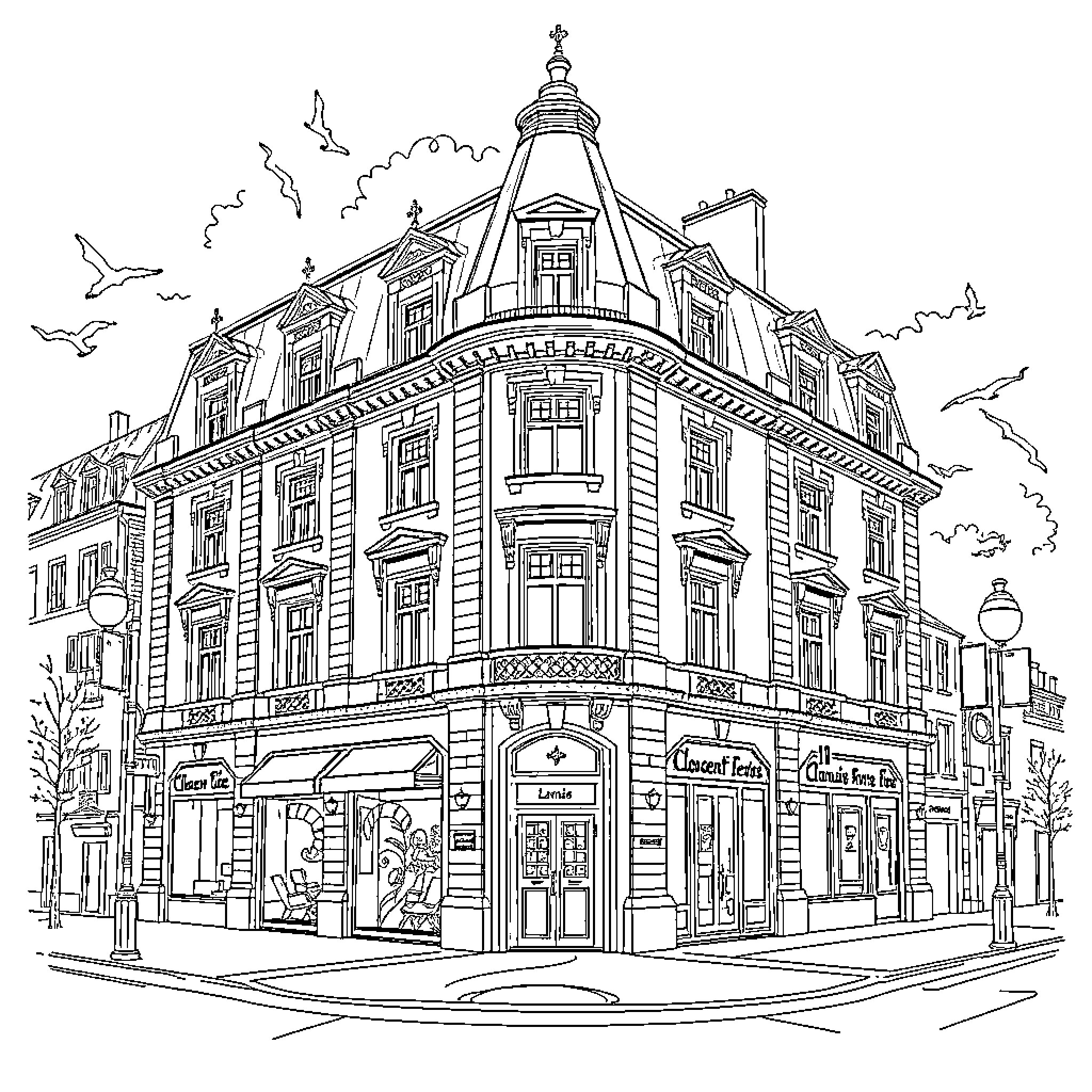 Boulevard of ornate historic buildings and shops Coloring Page (free black-and-white line drawing printable PDF for all, from beginners to advanced learners, including children, teens, adults, and seniors)