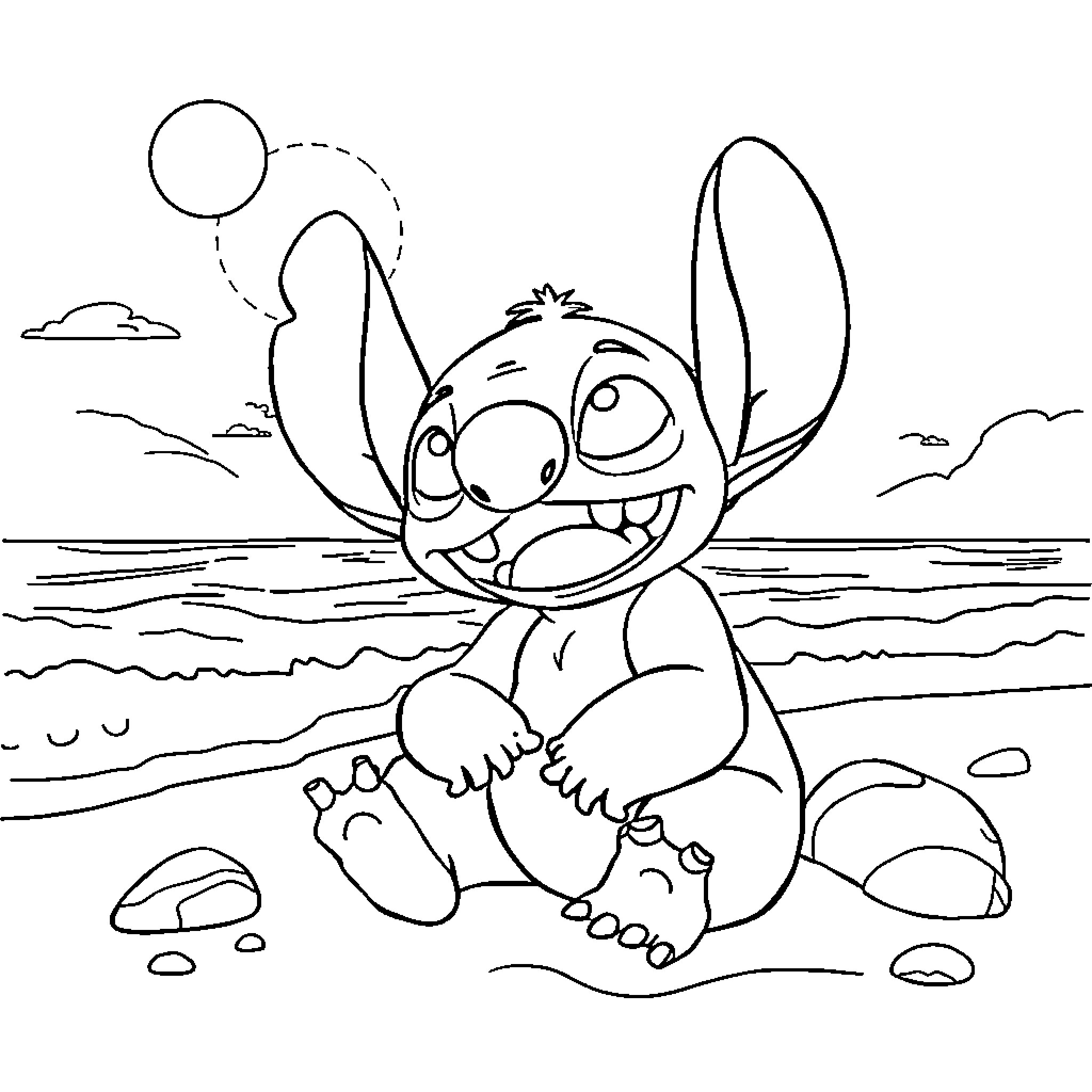Stitch enjoying the beach scenery Coloring Page (free black-and-white line drawing printable PDF for all, from beginners to advanced learners, including children, teens, adults, and seniors)