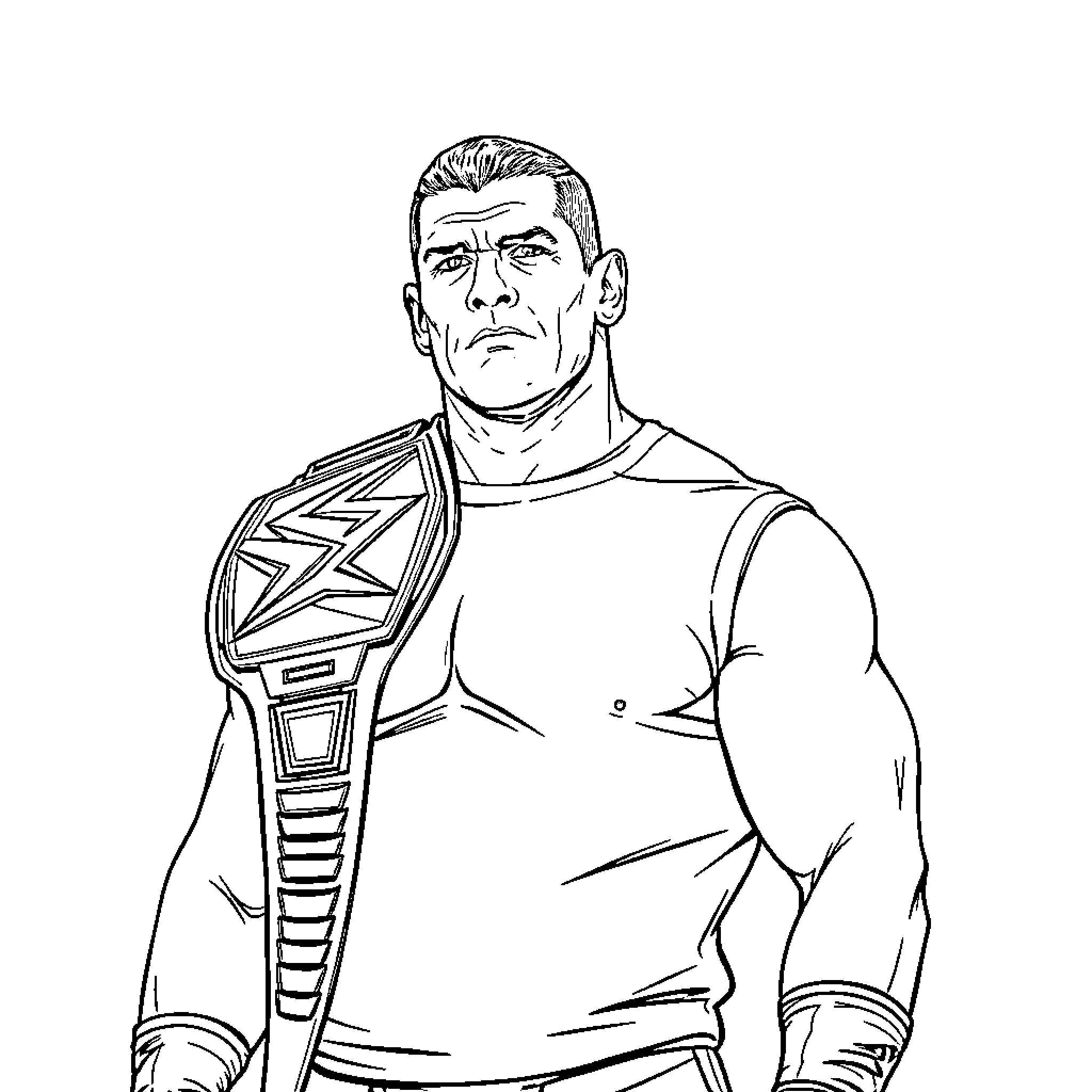 John Cena as a Determined WWE Champion Coloring Page (free black-and-white line drawing printable PDF for all, from beginners to advanced learners, including children, teens, adults, and seniors)