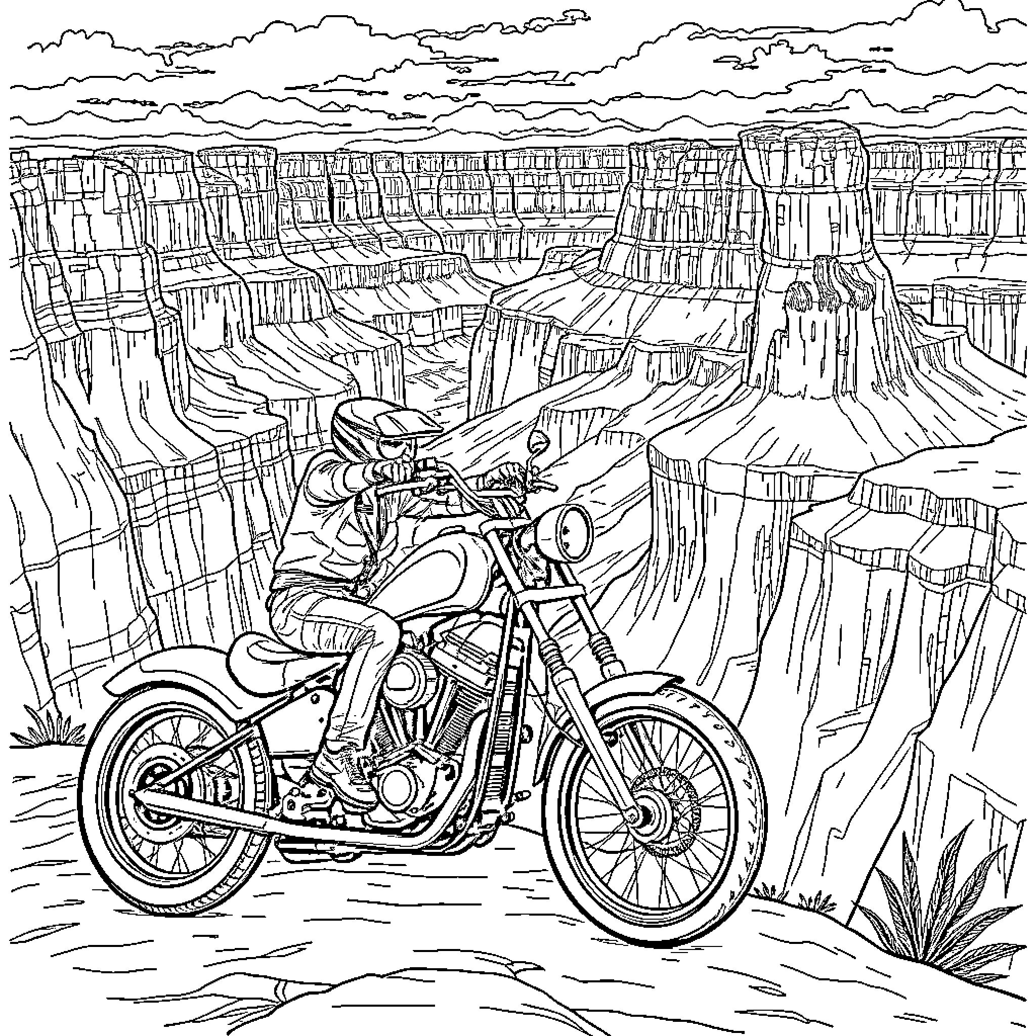 Motorcycle rider exploring rugged canyon landscape Coloring Page (free black-and-white line drawing printable PDF for all, from beginners to advanced learners, including children, teens, adults, and seniors)