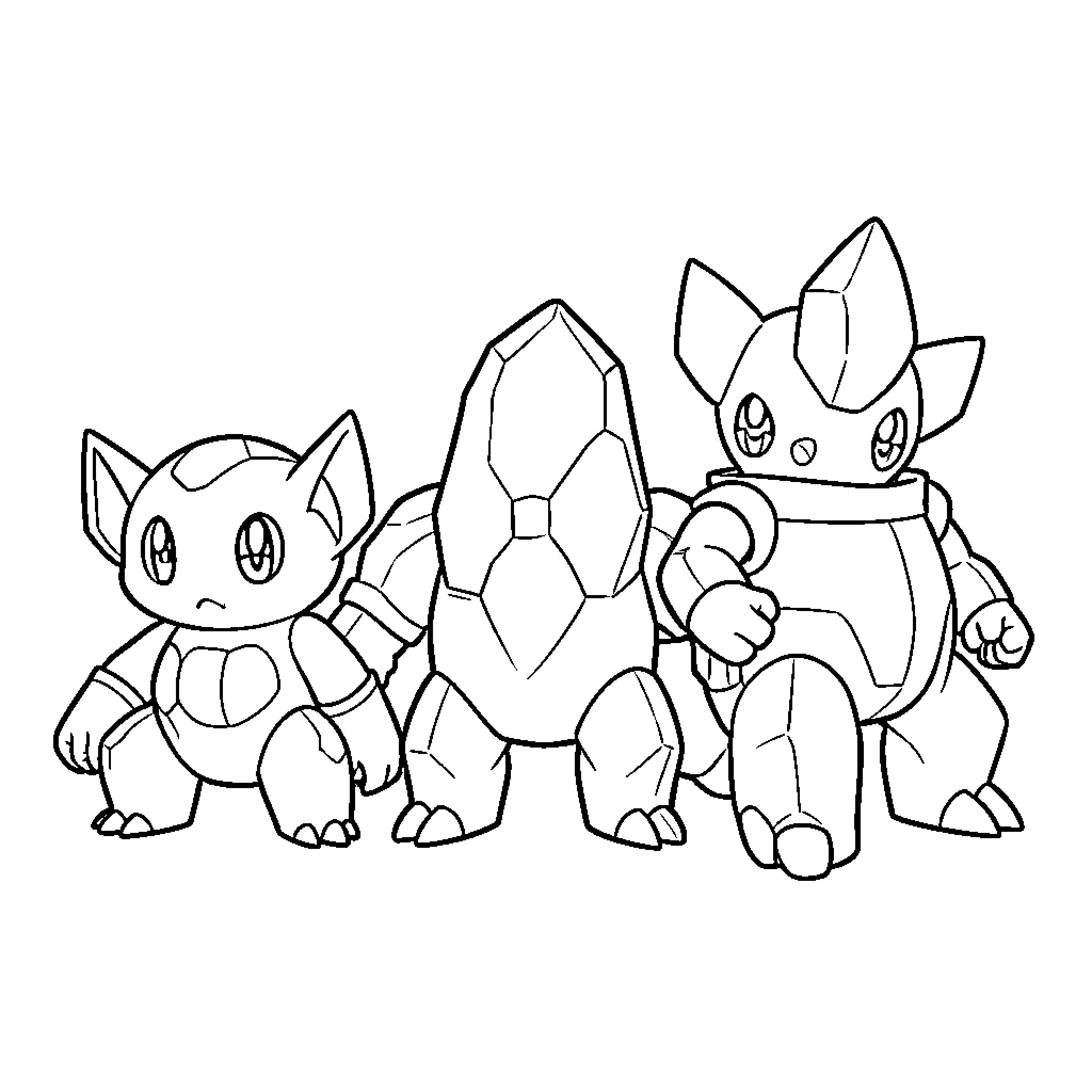 Pokémon standing together in a group pose Coloring Page (free black-and-white line drawing printable PDF for all, from beginners to advanced learners, including children, teens, adults, and seniors)