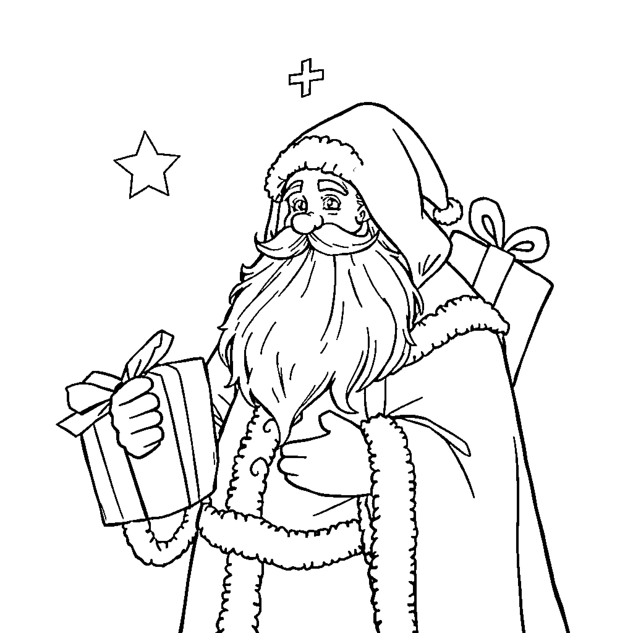 Saint Nicholas carrying gifts and blessing the night Coloring Page (free black-and-white line drawing printable PDF for all, from beginners to advanced learners, including children, teens, adults, and seniors)