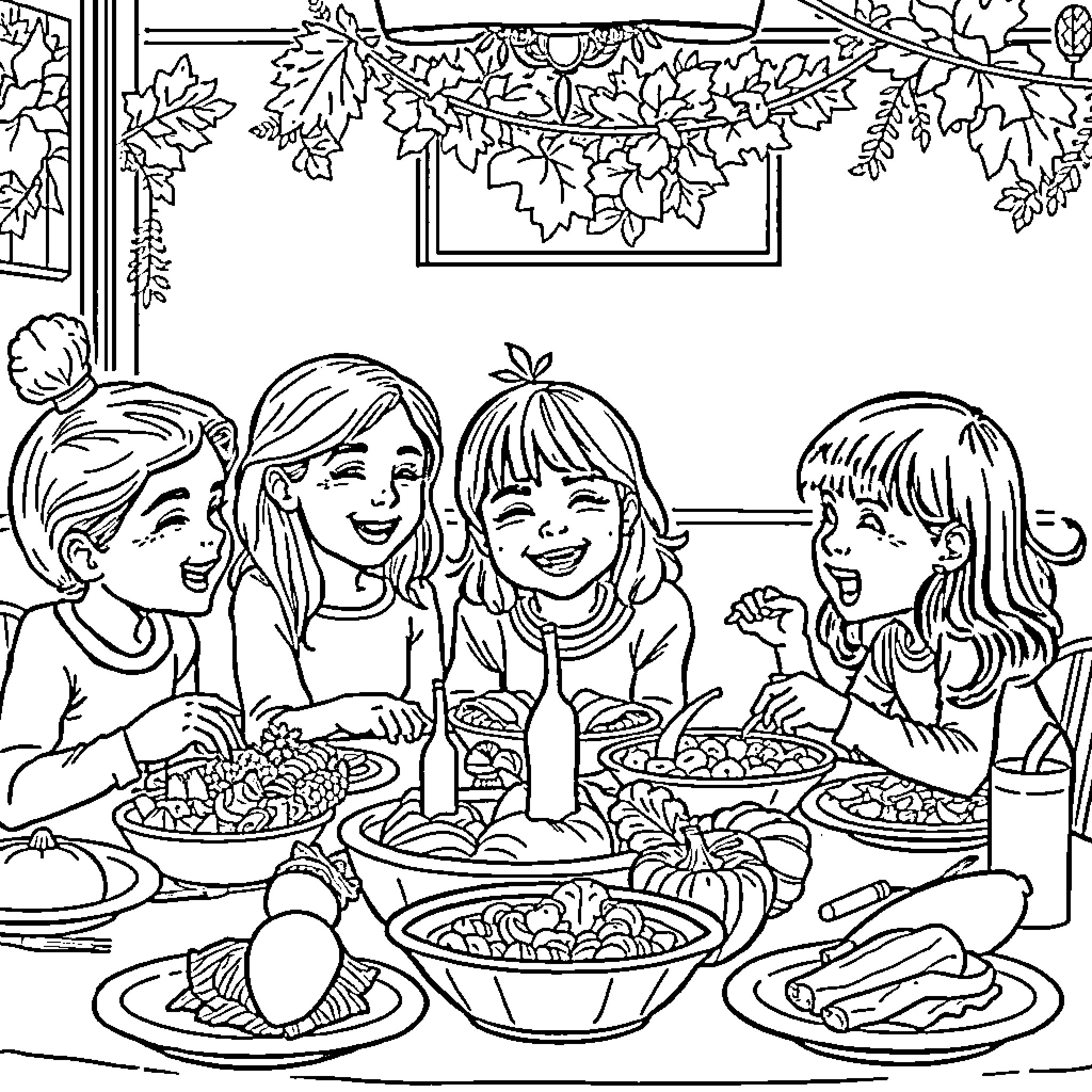 Sisters enjoying a family Thanksgiving dinner together Coloring Page (free black-and-white line drawing printable PDF for all, from beginners to advanced learners, including children, teens, adults, and seniors)