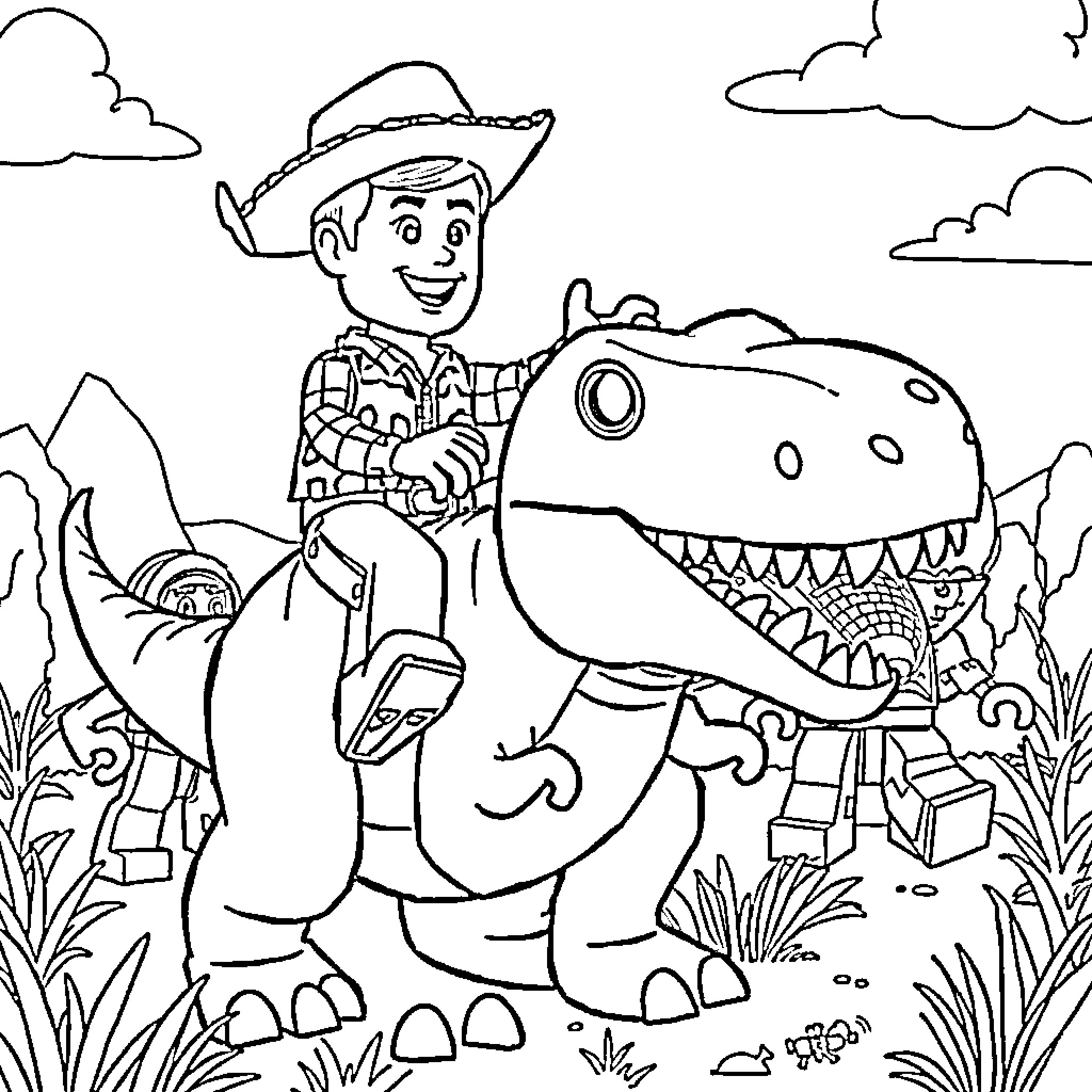 Woody riding a friendly dinosaur in the wilderness Coloring Page (free black-and-white line drawing printable PDF for all, from beginners to advanced learners, including children, teens, adults, and seniors)