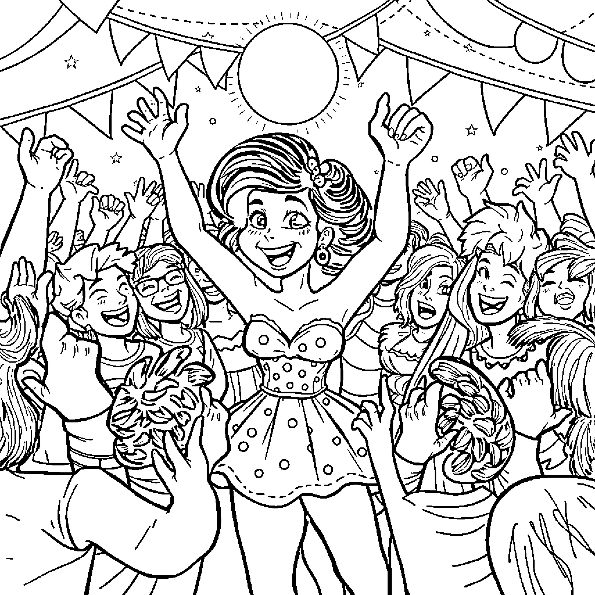 Bonnie's Lively Party Celebration with Friends Coloring Page (free black-and-white line drawing printable PDF for all, from beginners to advanced learners, including children, teens, adults, and seniors)